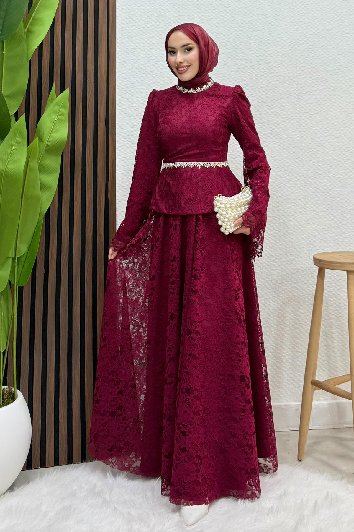 Fransa Dantel Takım Bordo