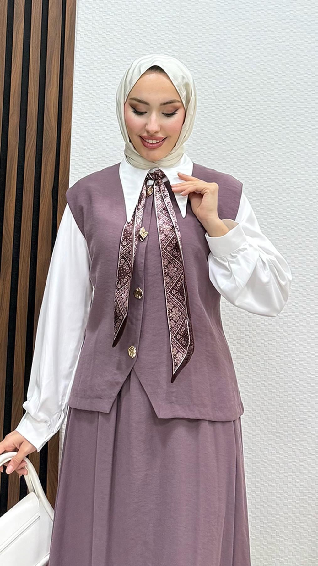 Fularlı Üçlü Takım Gül Kurusu