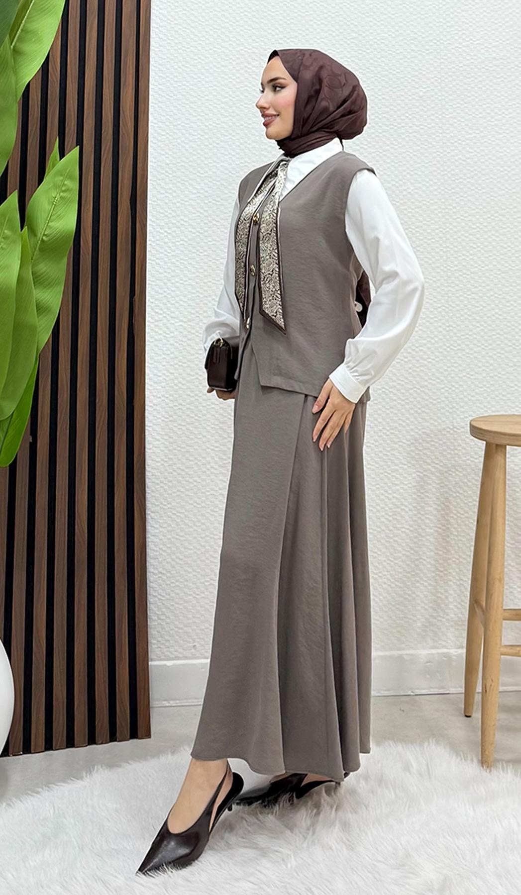 Fularlı Üçlü Takım Koyu Vizon