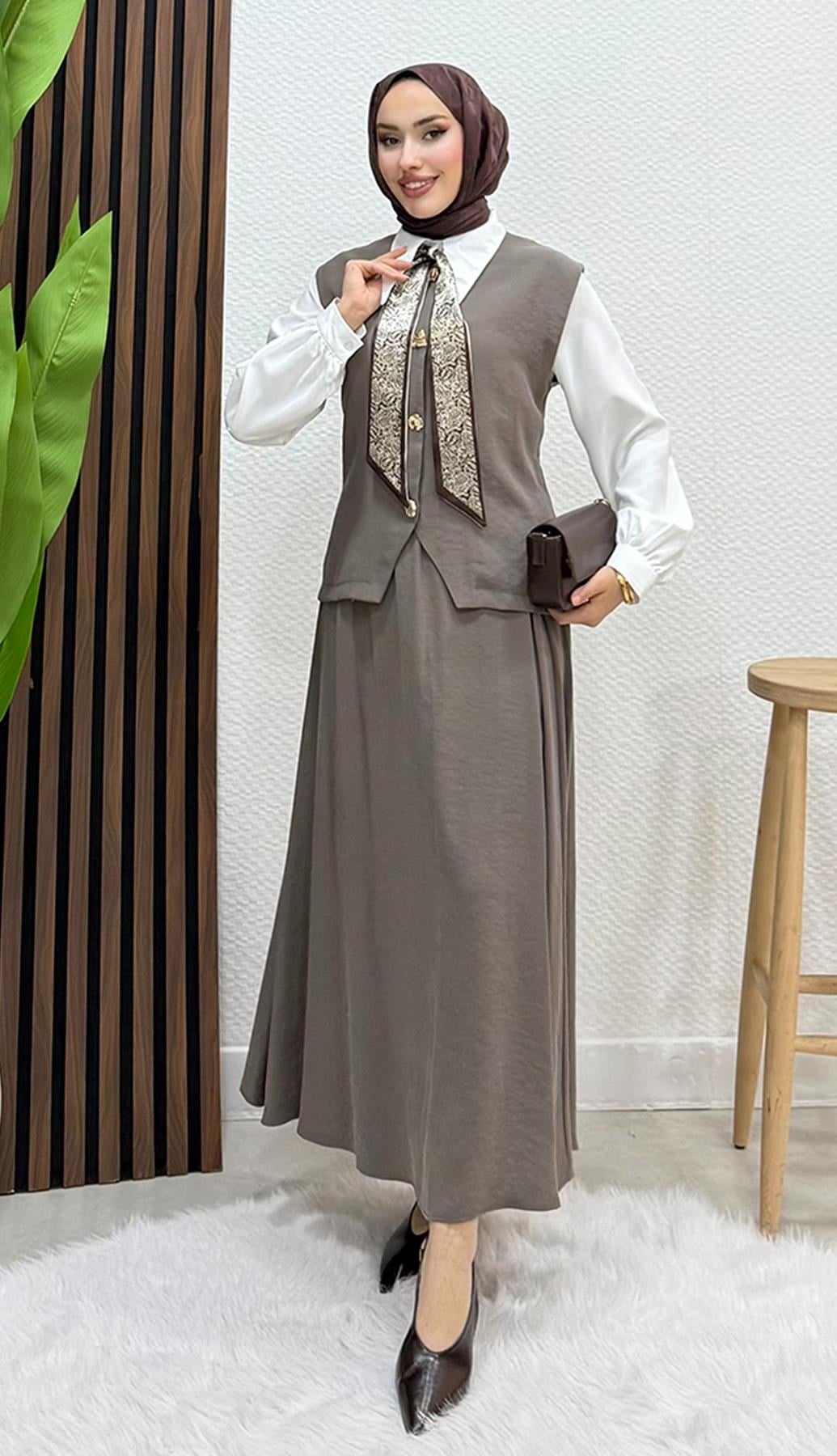 Fularlı Üçlü Takım Koyu Vizon