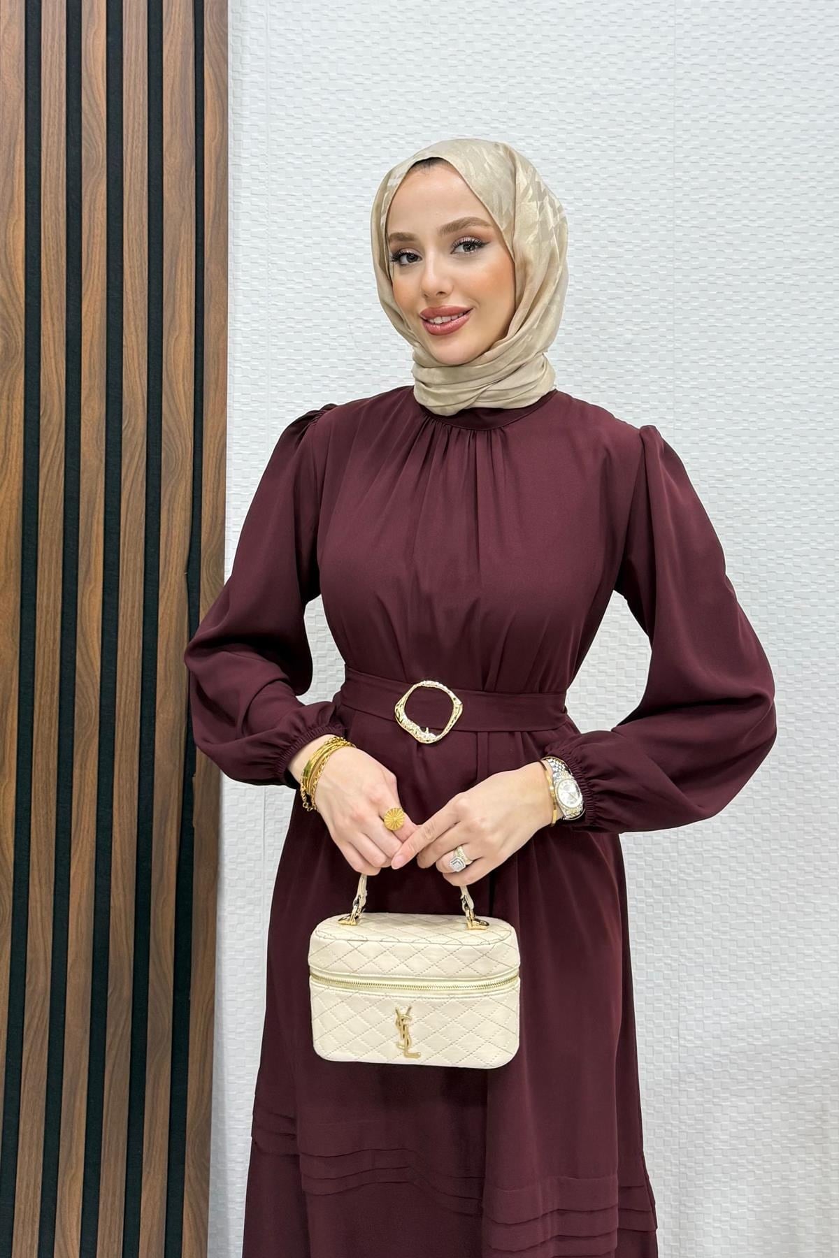 Fulya Krep Elbise Koyu Bordo