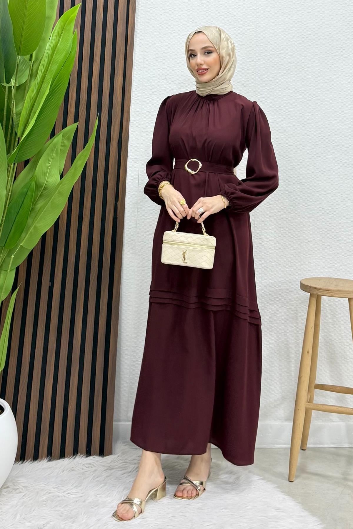 Fulya Krep Elbise Koyu Bordo