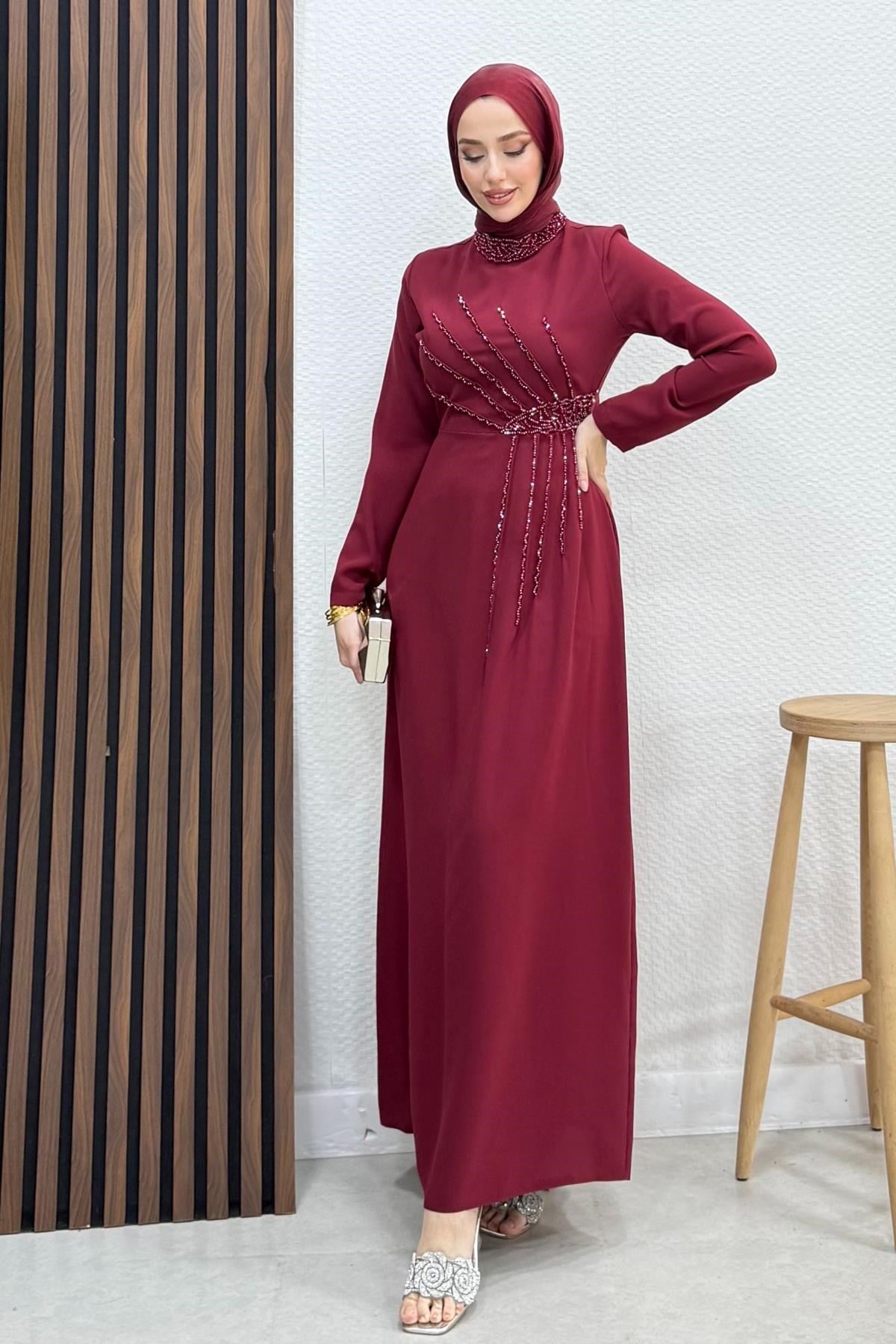 Gaye Taşlı Elbise Bordo