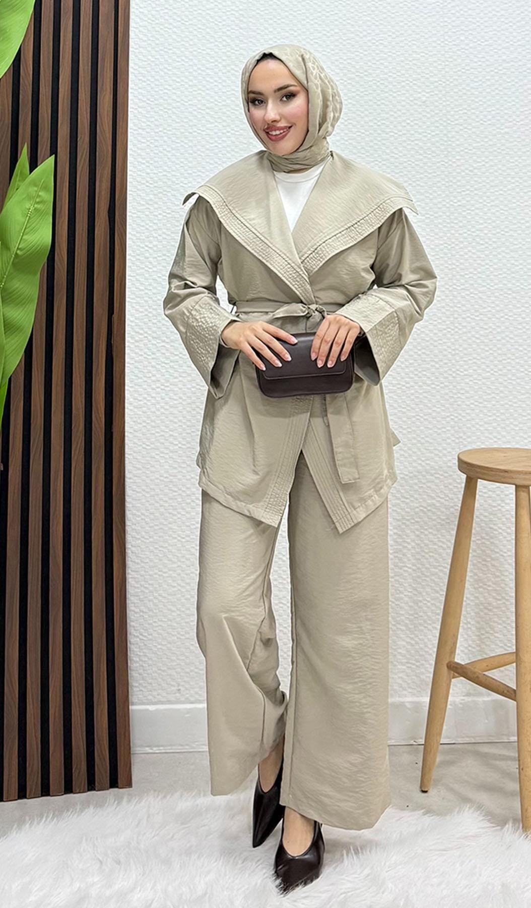 Geniş Yaka Kimono Takım Bej