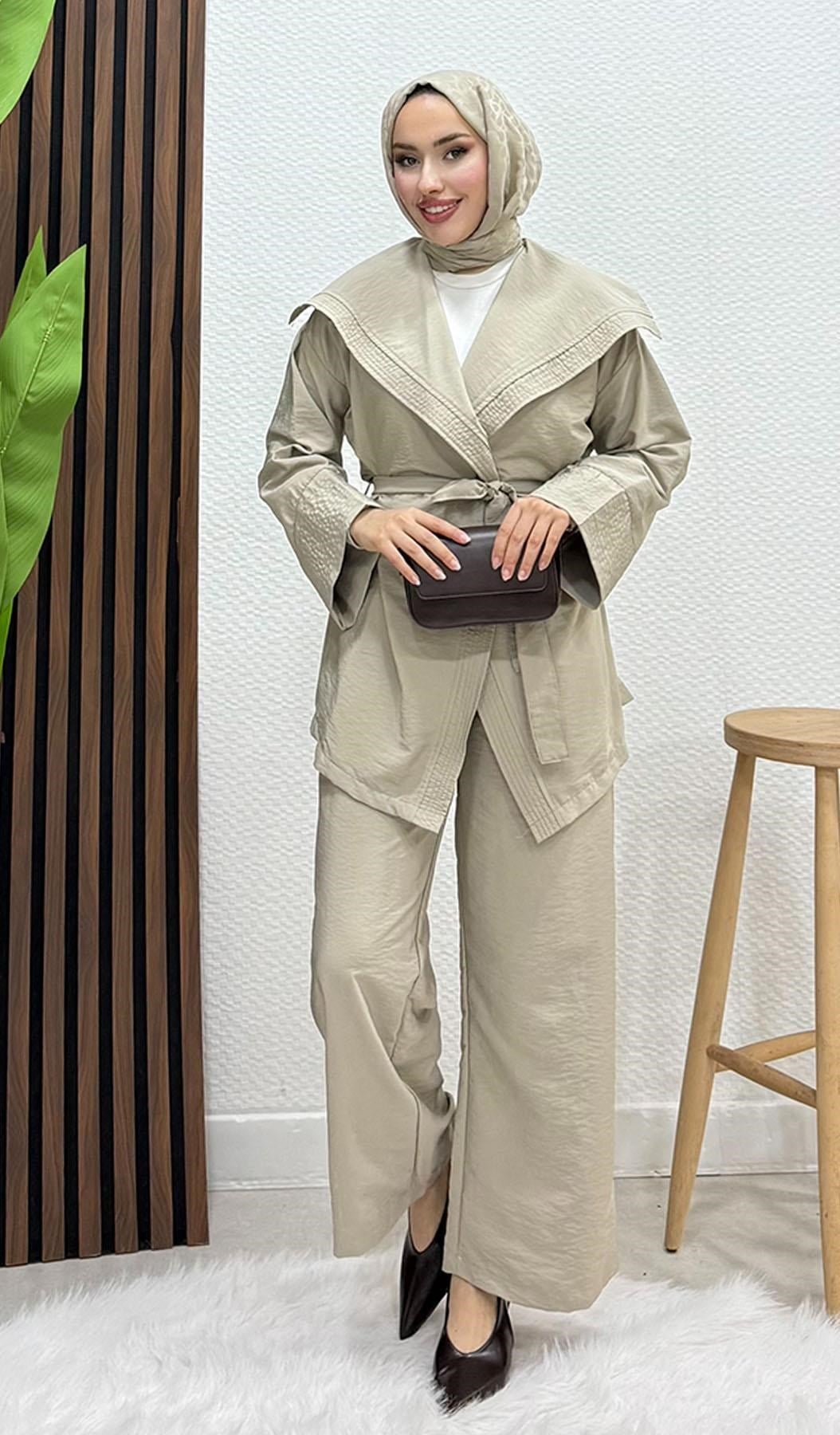 Geniş Yaka Kimono Takım Bej