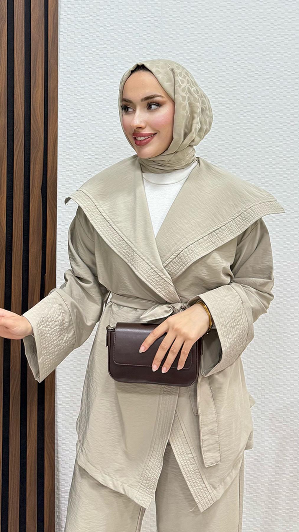 Geniş Yaka Kimono Takım Bej
