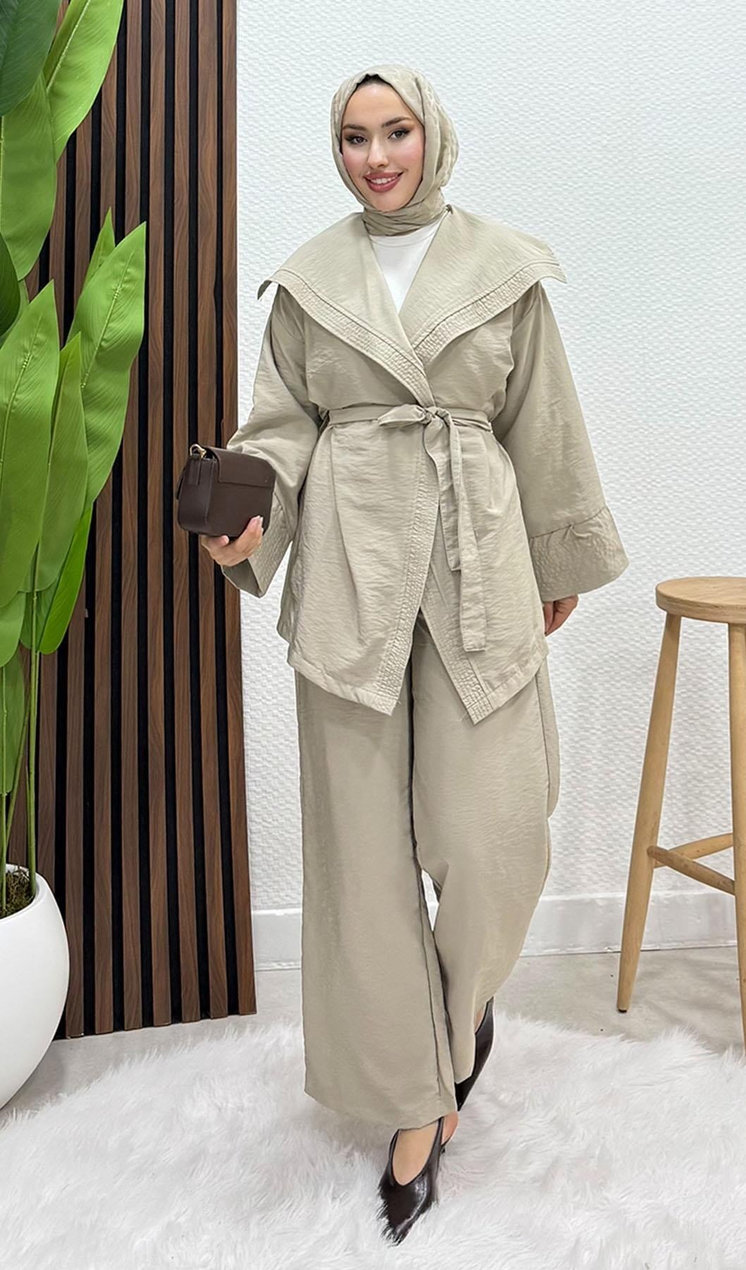 Geniş Yaka Kimono Takım Bej