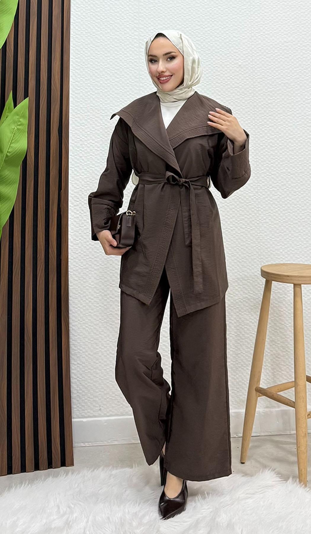 Geniş Yaka Kimono Takım Kahve
