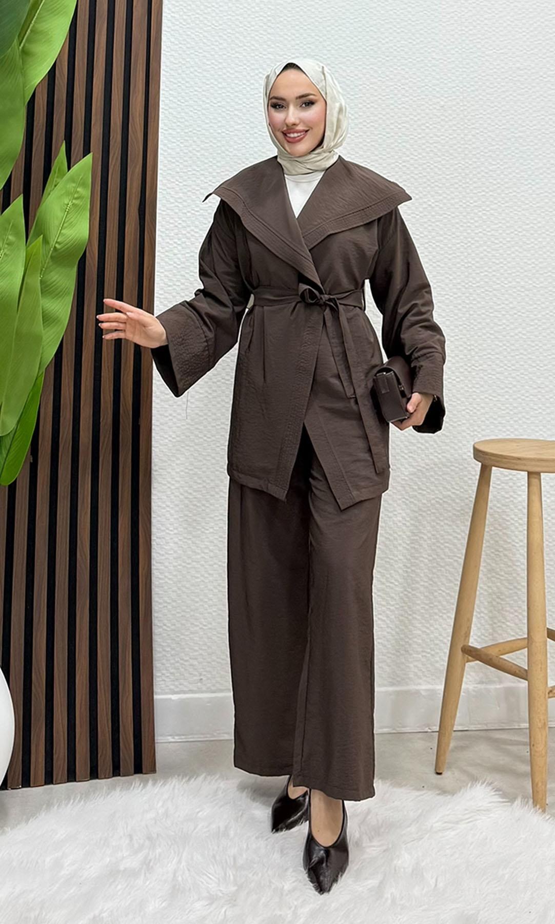 Geniş Yaka Kimono Takım Kahve