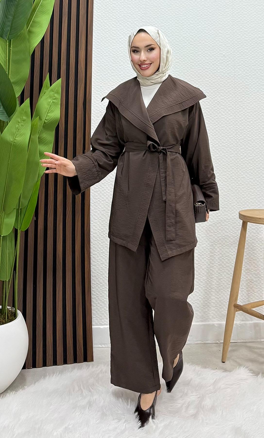 Geniş Yaka Kimono Takım Kahve