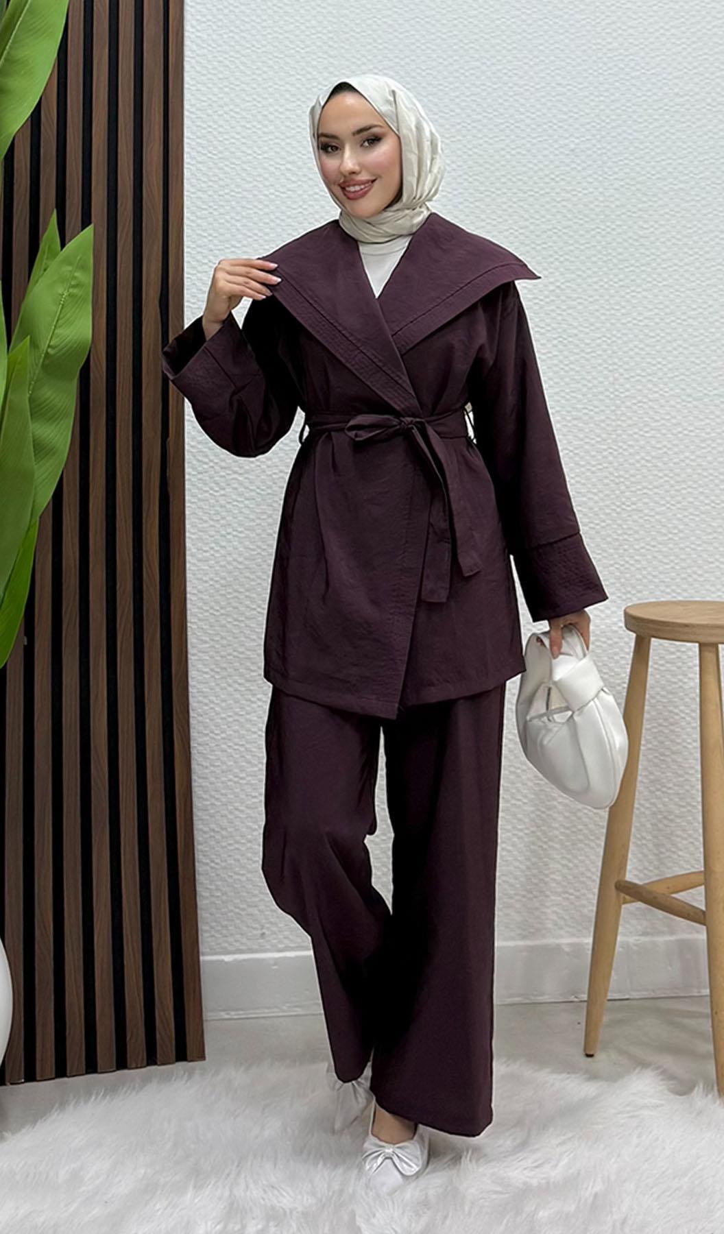 Geniş Yaka Kimono Takım Mürdüm