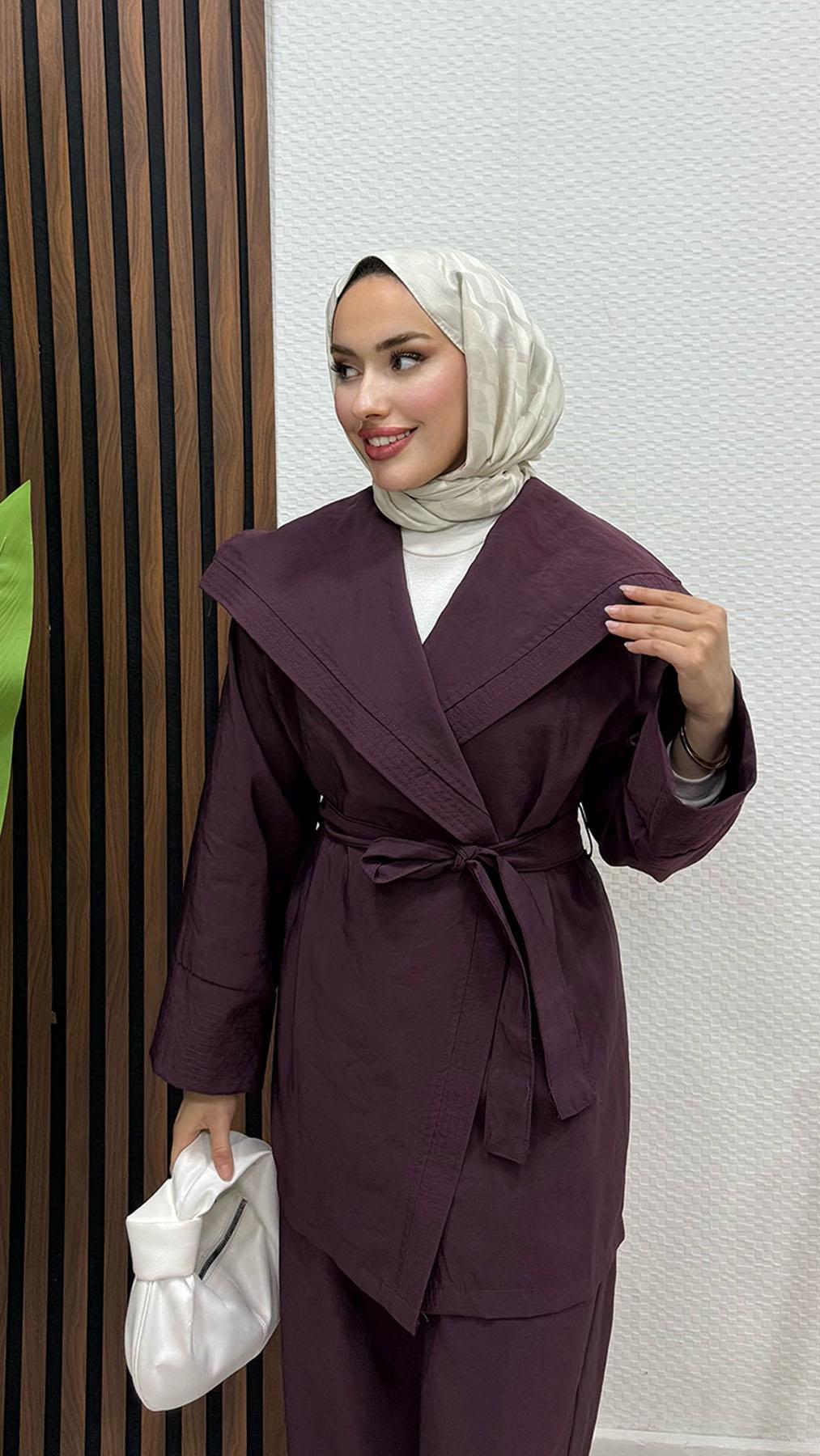 Geniş Yaka Kimono Takım Mürdüm