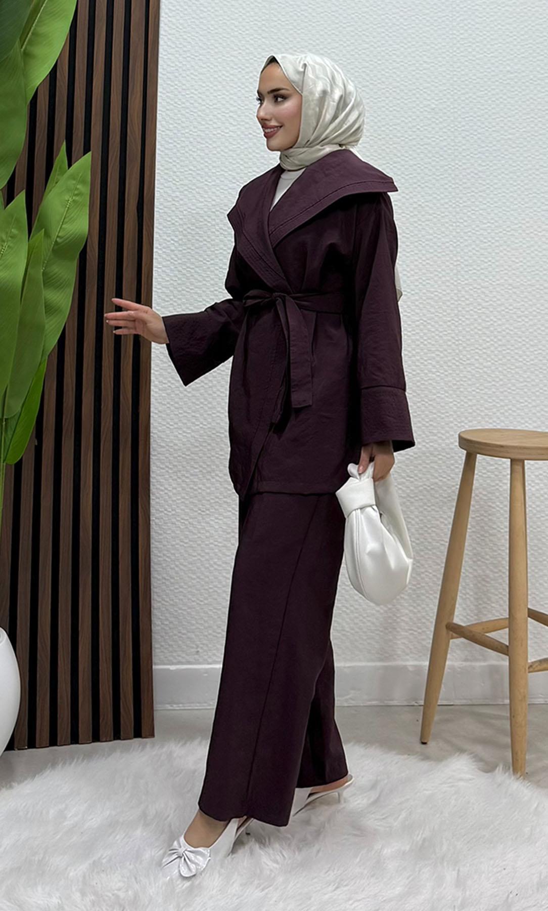 Geniş Yaka Kimono Takım Mürdüm