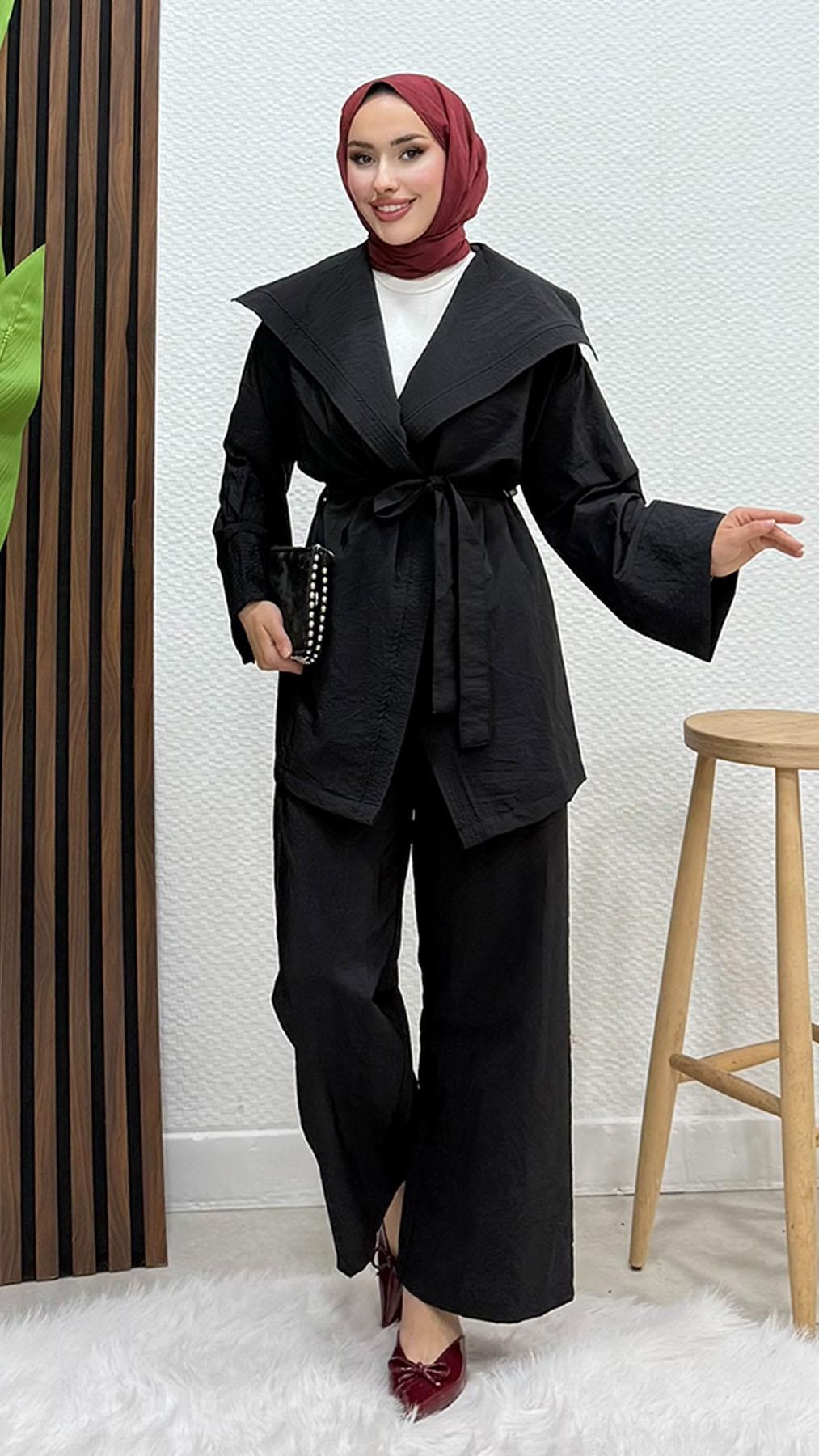 Geniş Yaka Kimono Takım Siyah