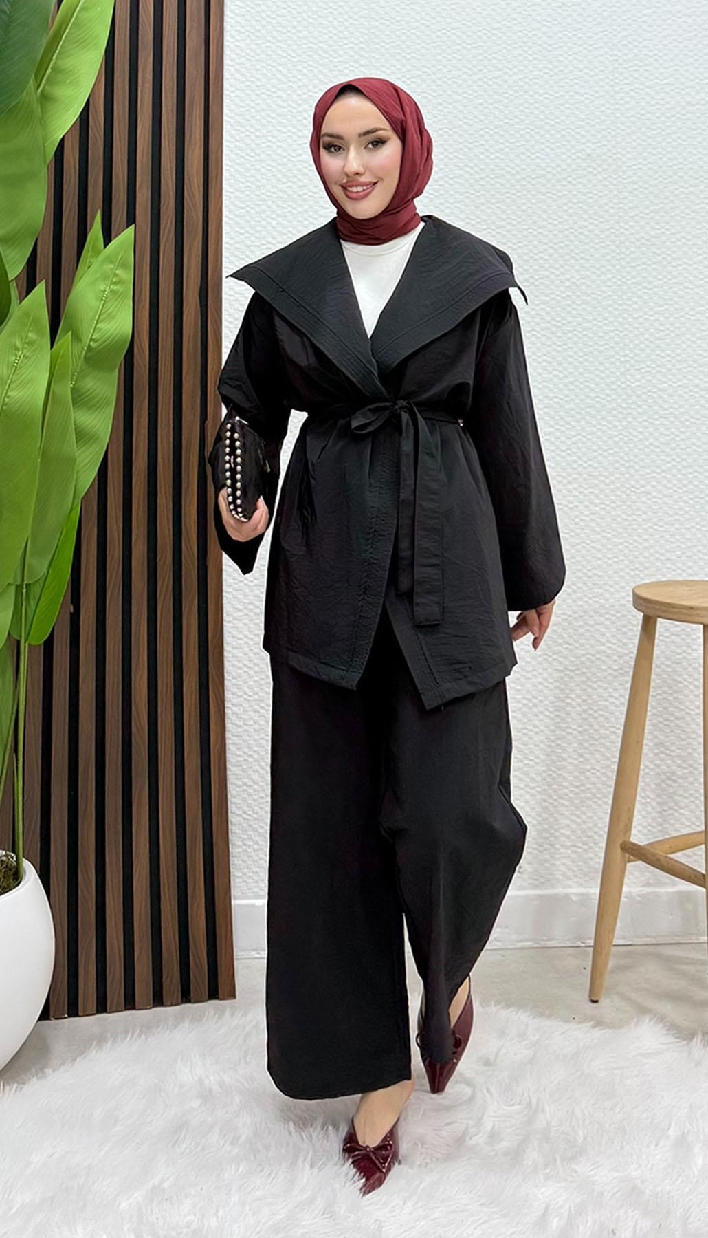 Geniş Yaka Kimono Takım Siyah