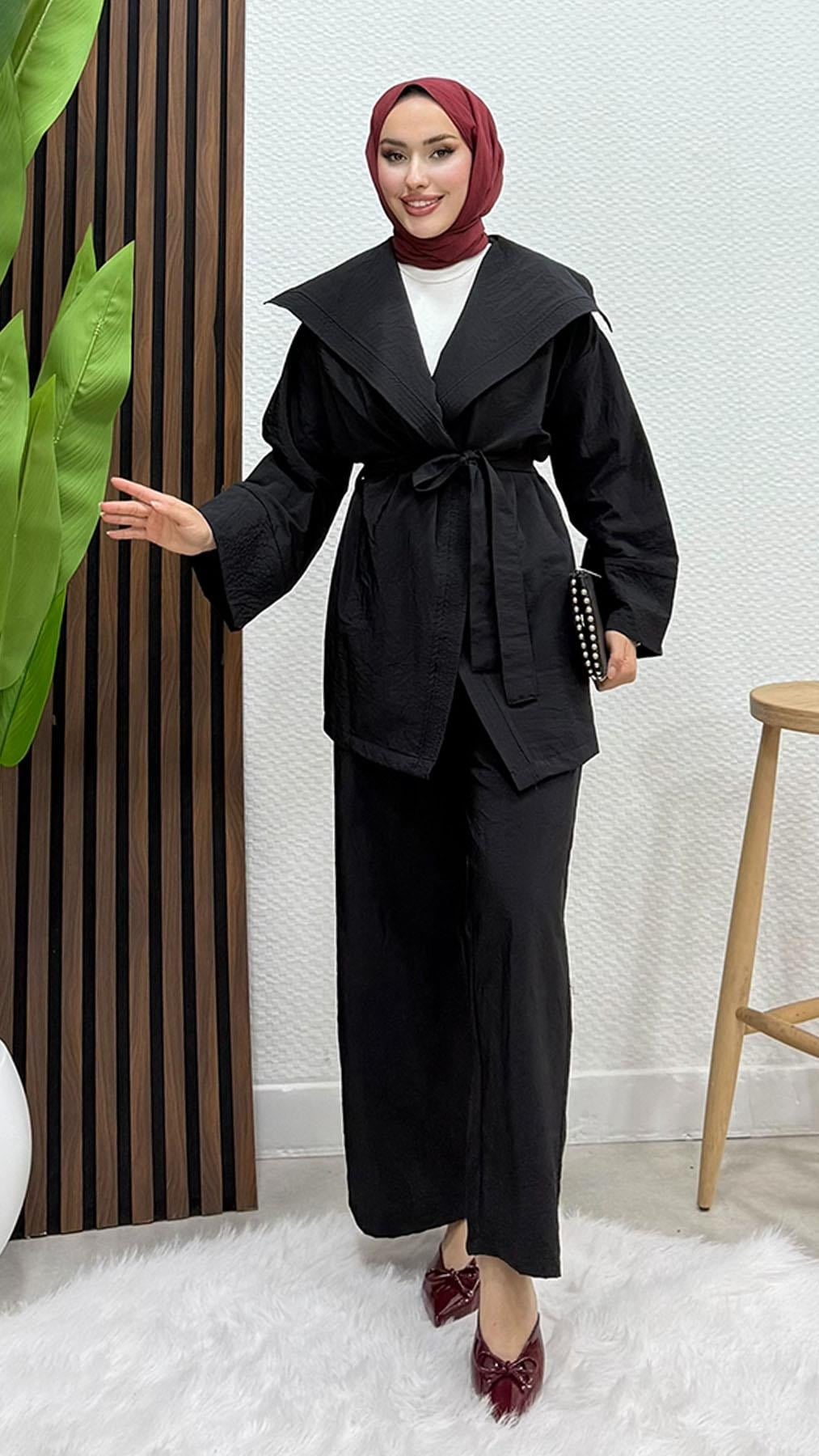 Geniş Yaka Kimono Takım Siyah