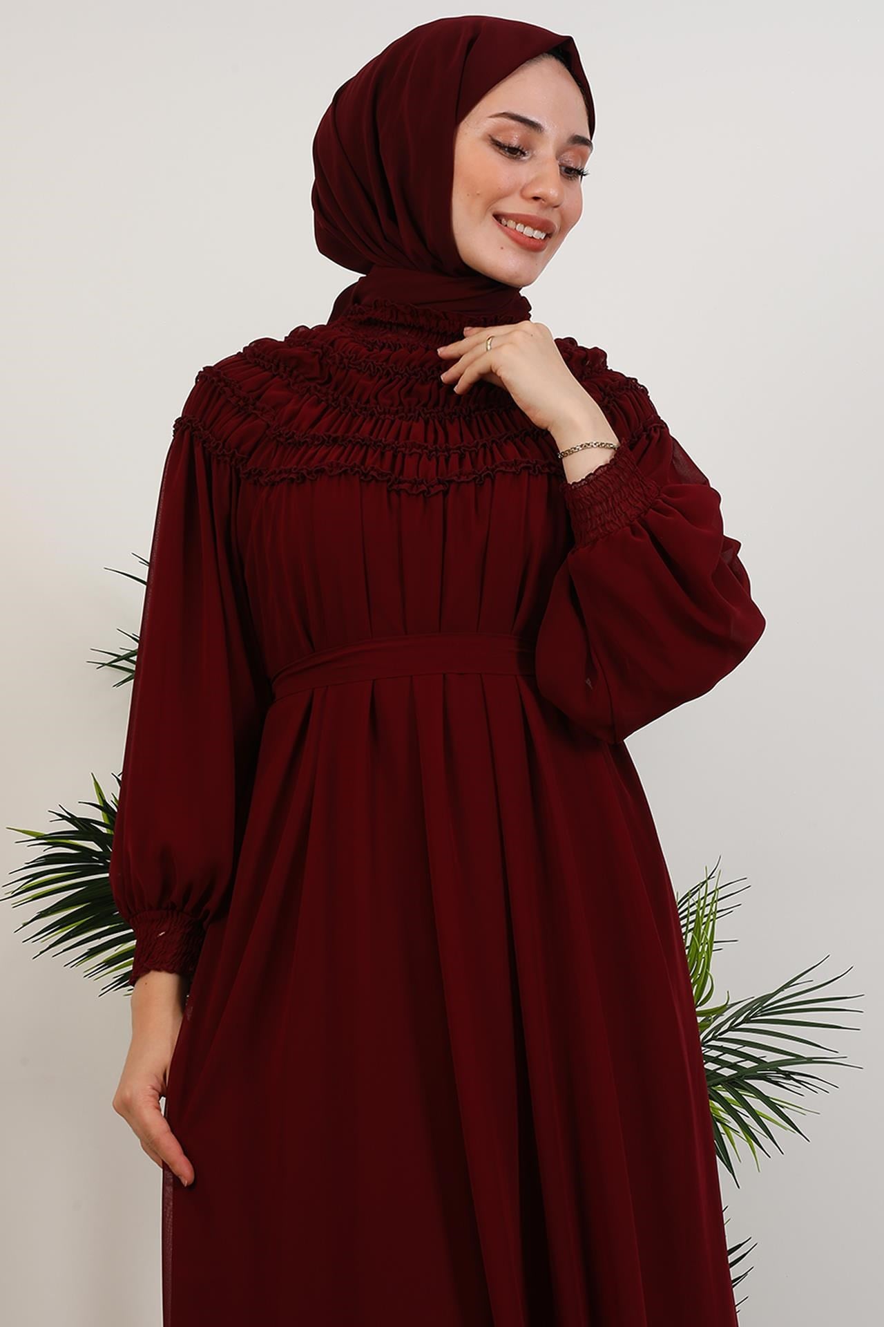 Gipe Detay Şifon Elbise Bordo