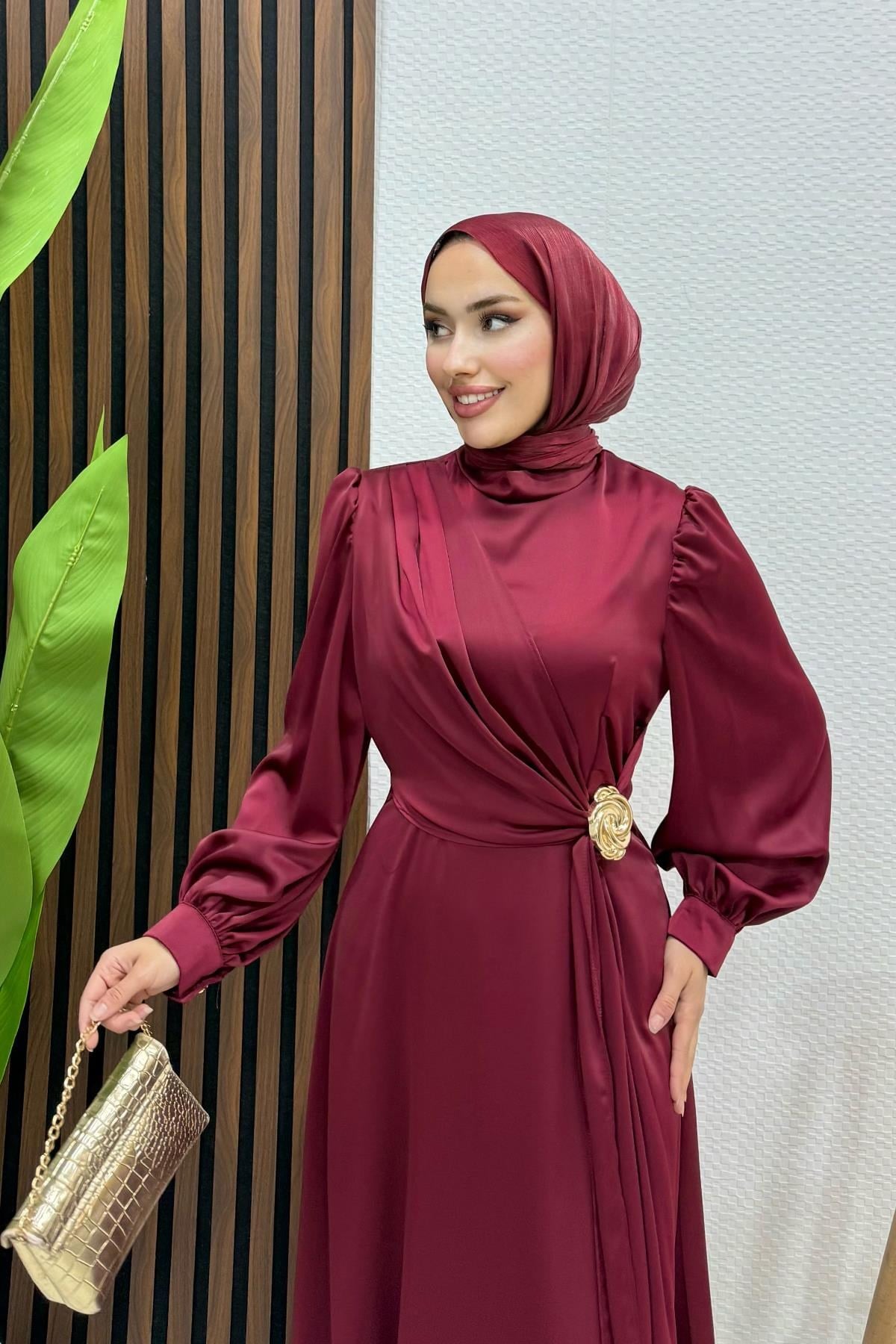 Gül Broş Saten Abiye Bordo