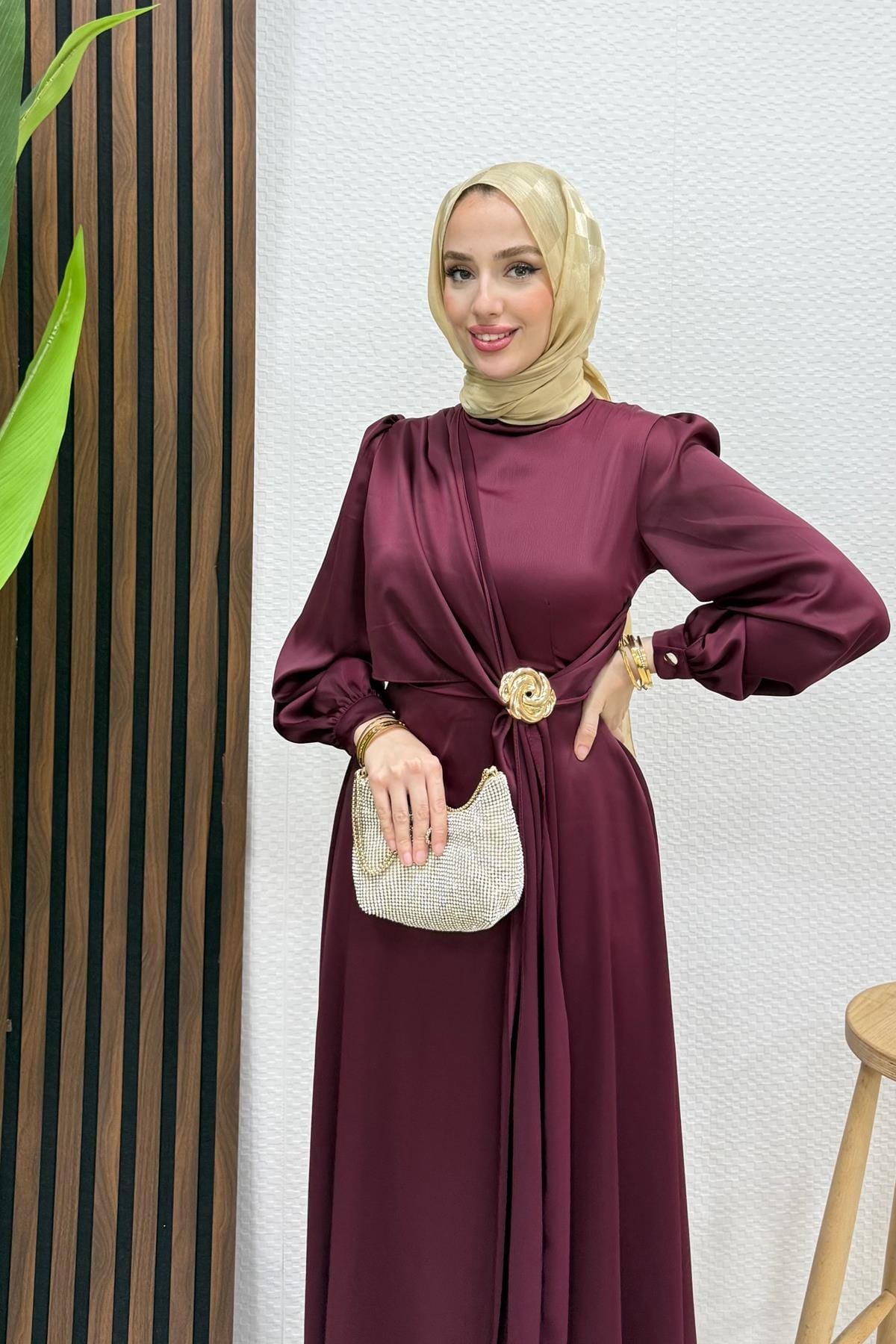 Gül Broş Saten Abiye Bordo