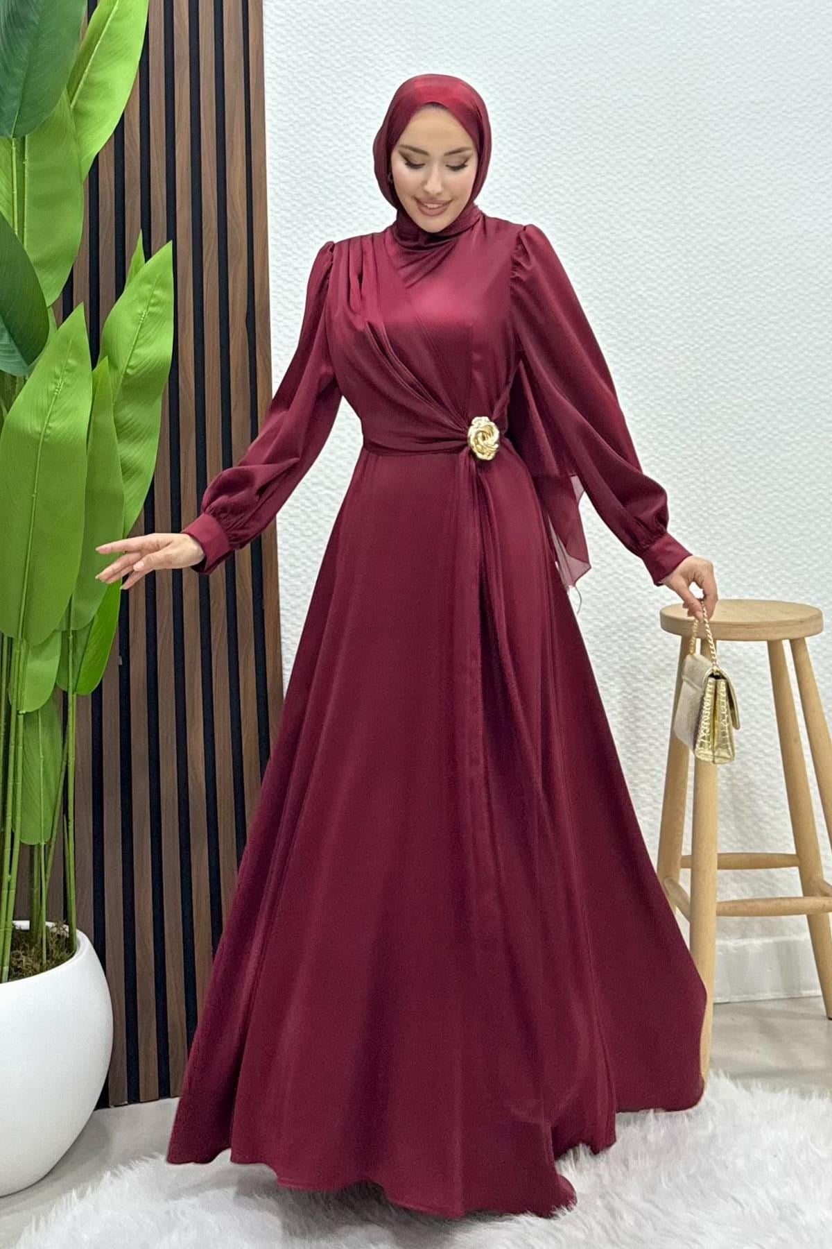 Gül Broş Saten Abiye Bordo