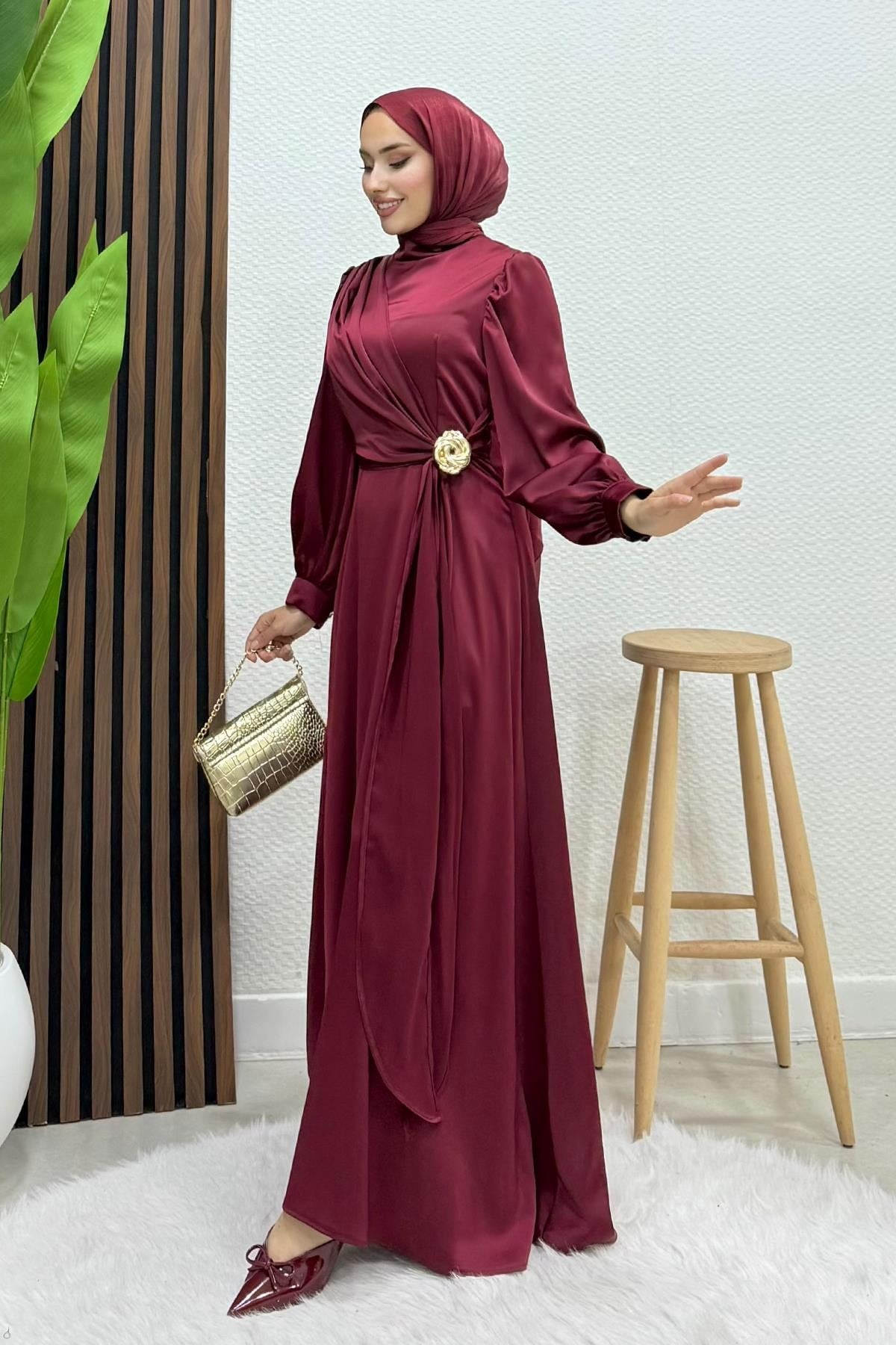 Gül Broş Saten Abiye Bordo