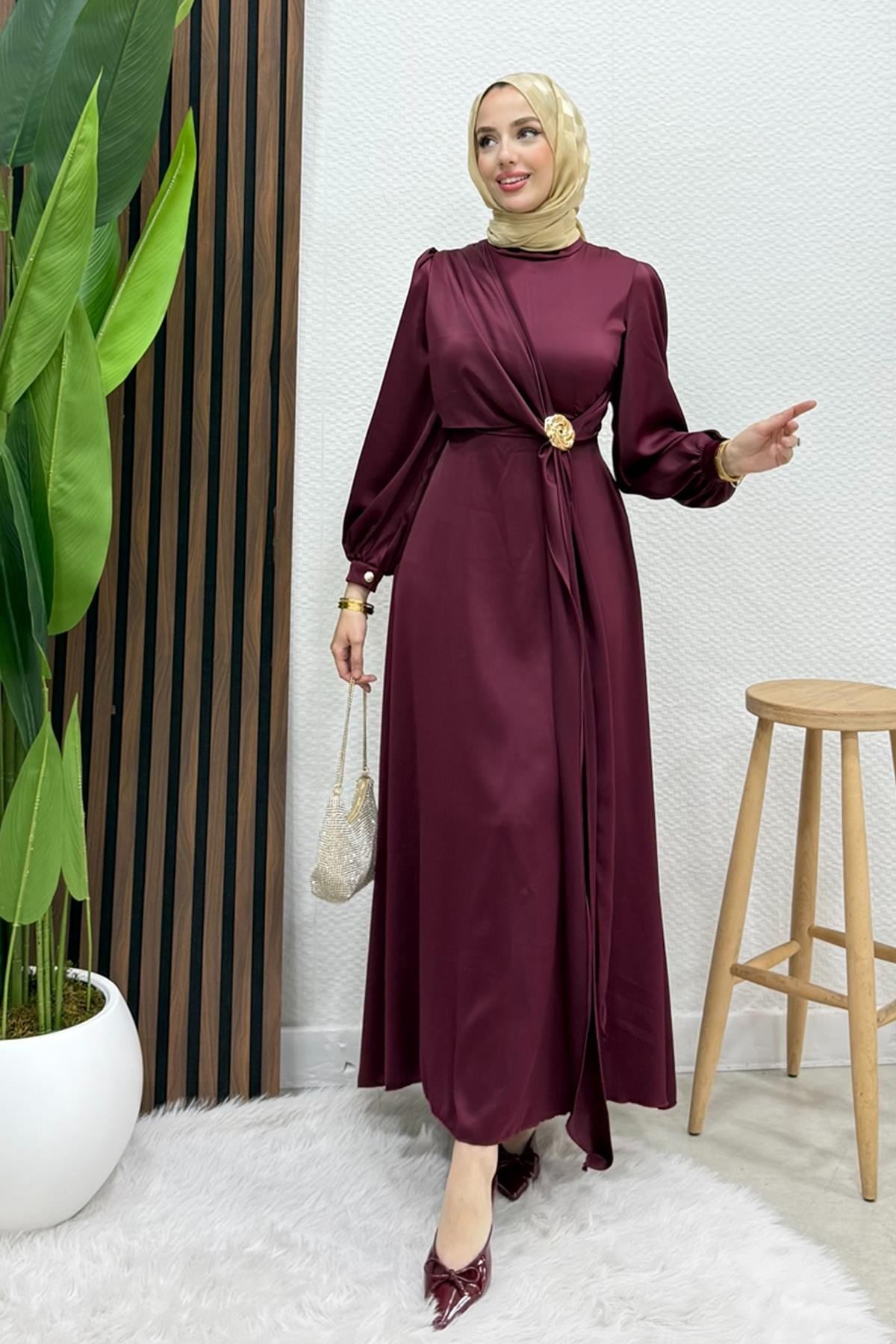 Gül Broş Saten Abiye Bordo
