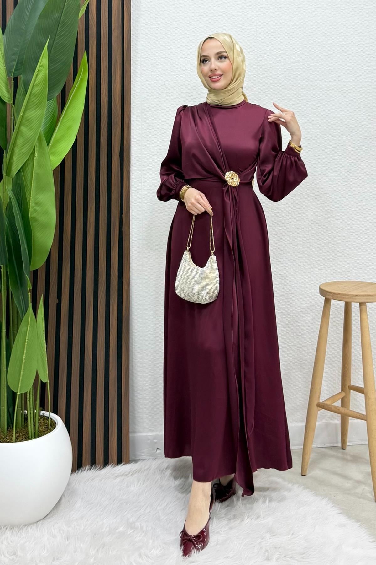 Gül Broş Saten Abiye Bordo