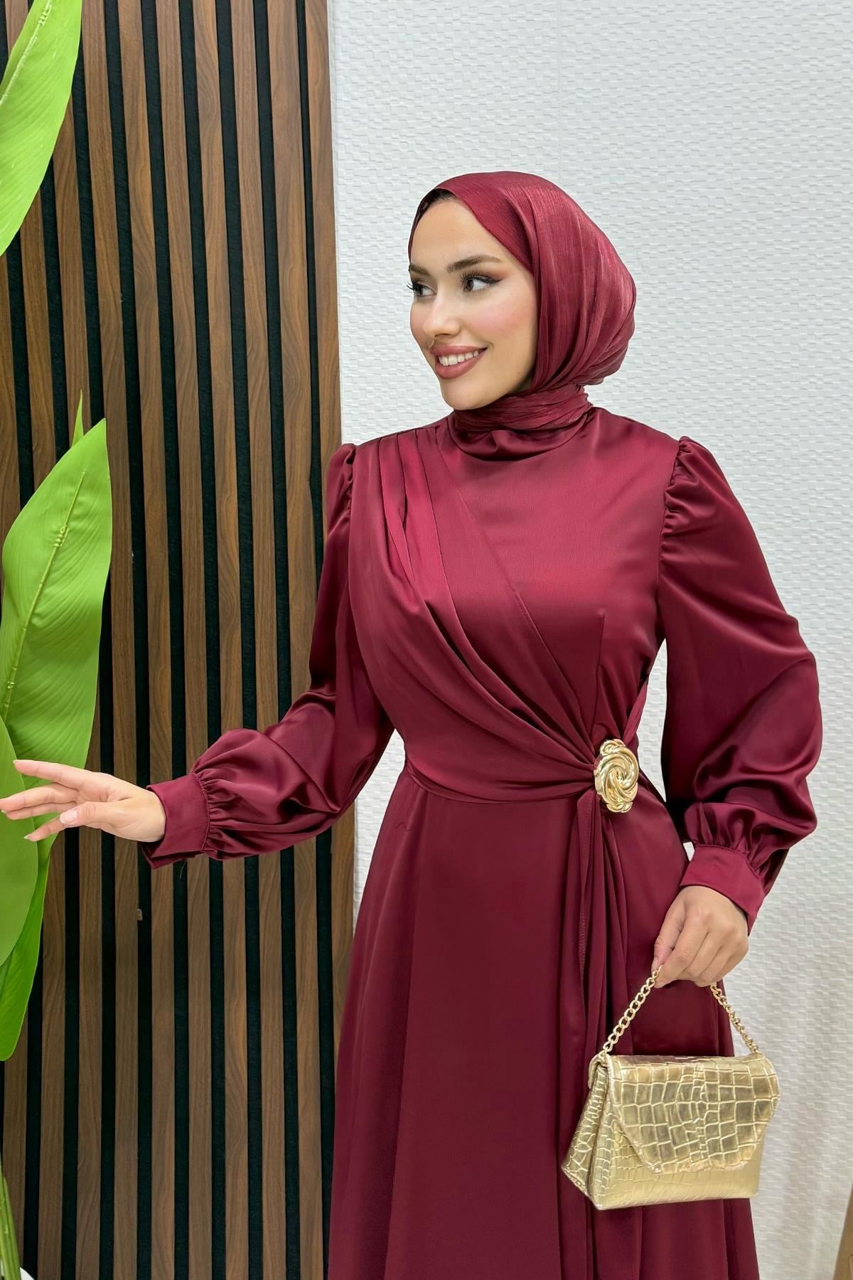 Gül Broş Saten Abiye Bordo