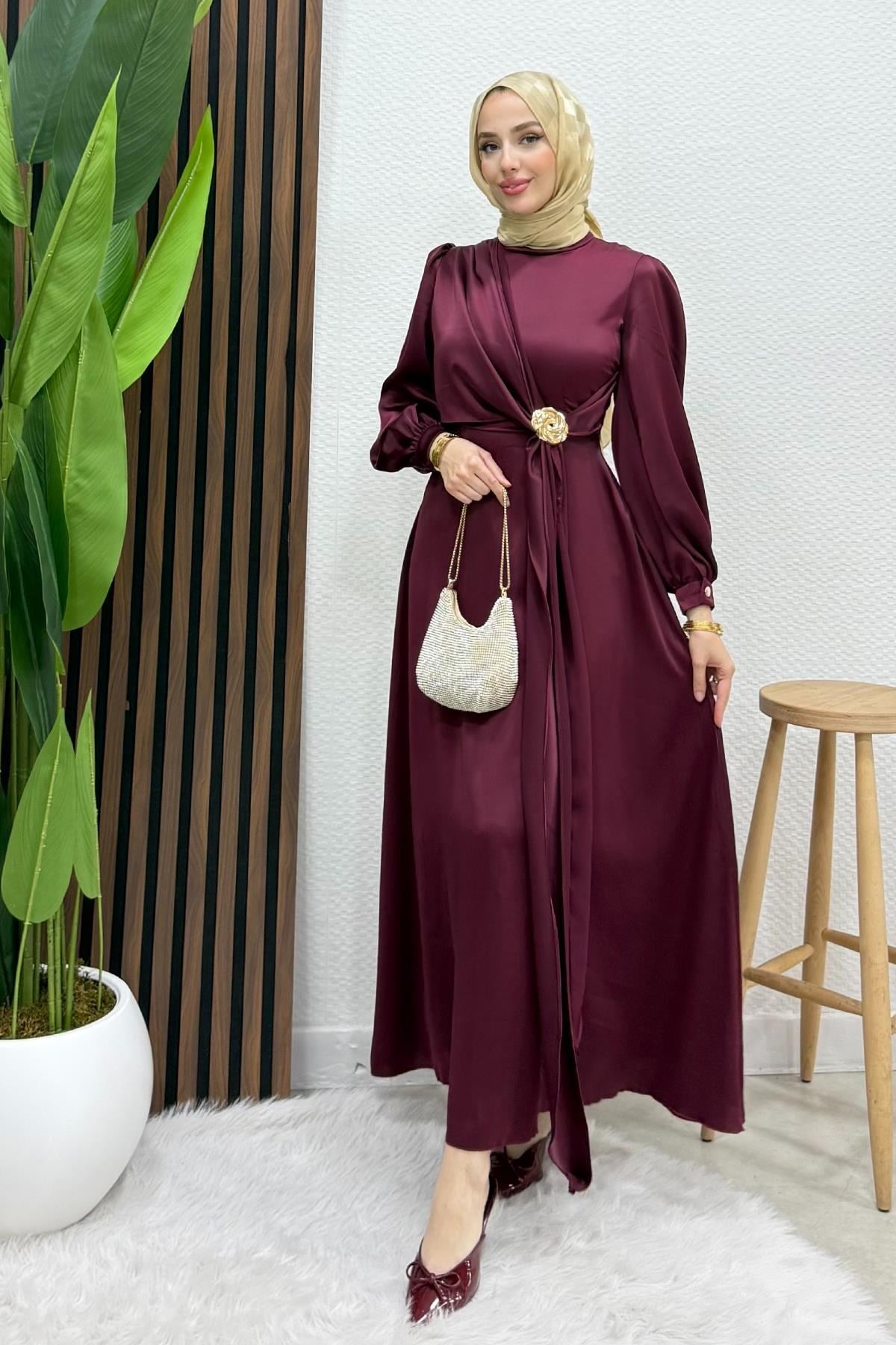 Gül Broş Saten Abiye Bordo