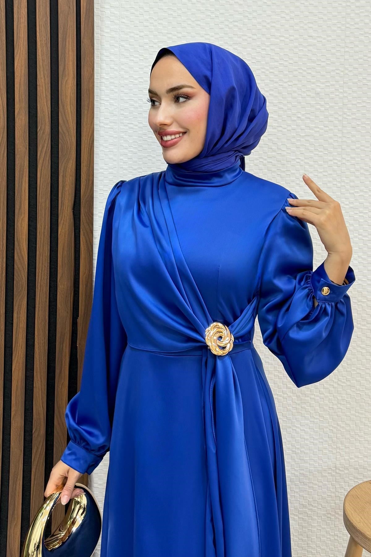 Gül Broş Saten Abiye Gece Mavi