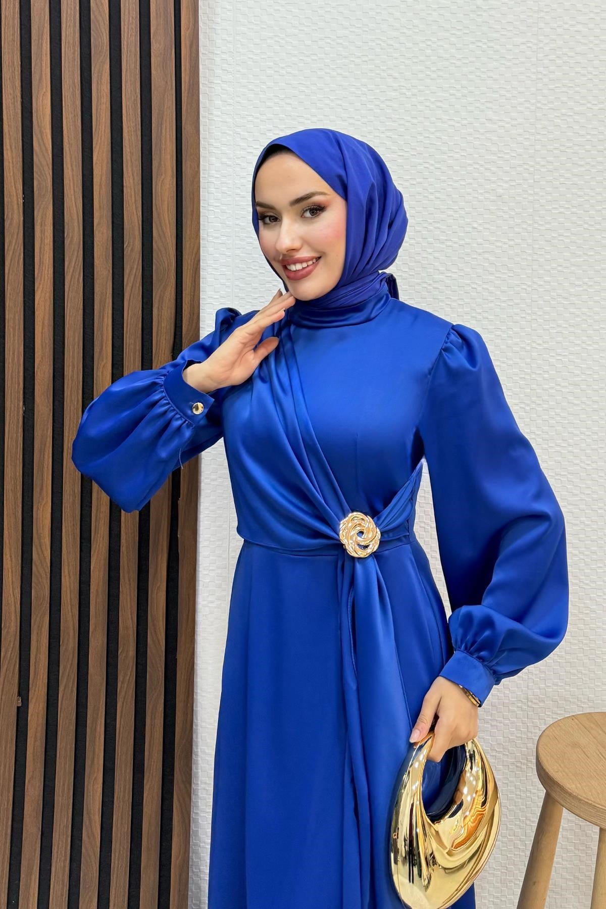 Gül Broş Saten Abiye Gece Mavi
