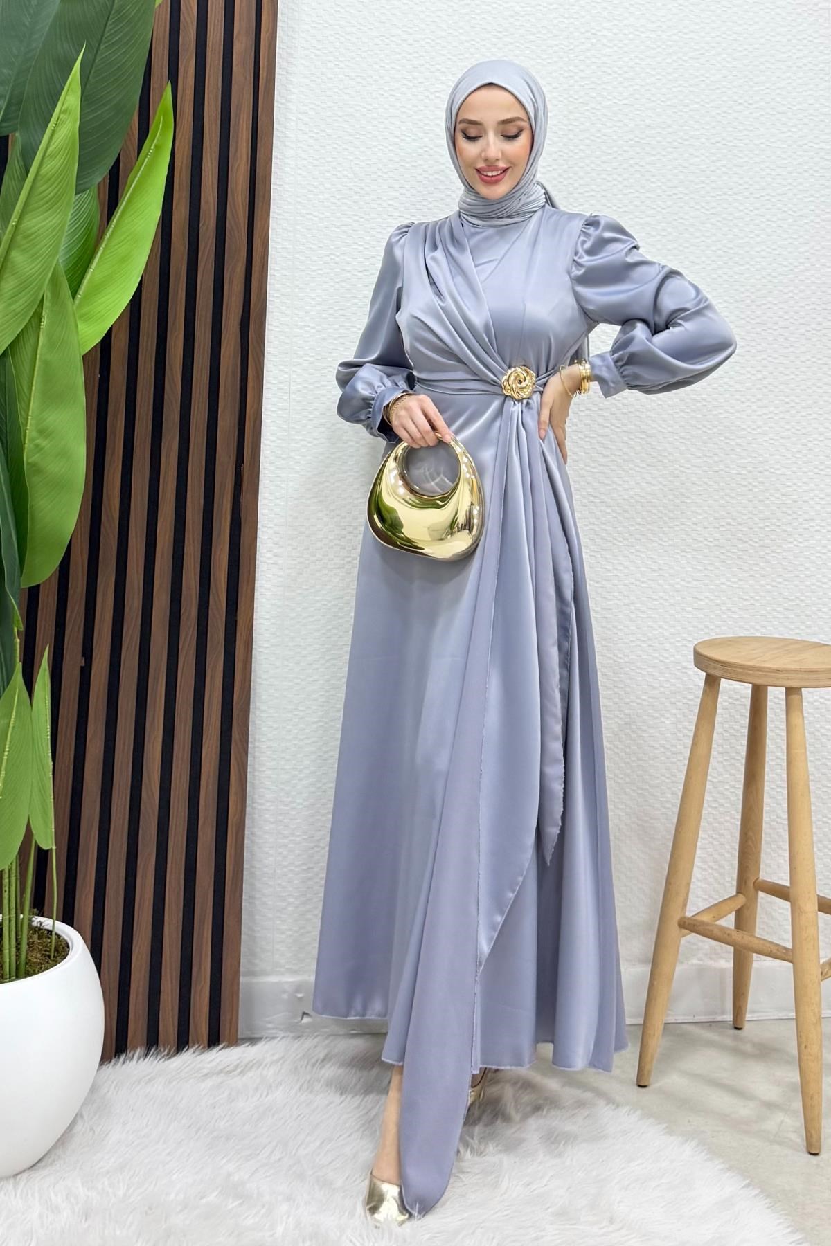 Gül Broş Saten Abiye Gri