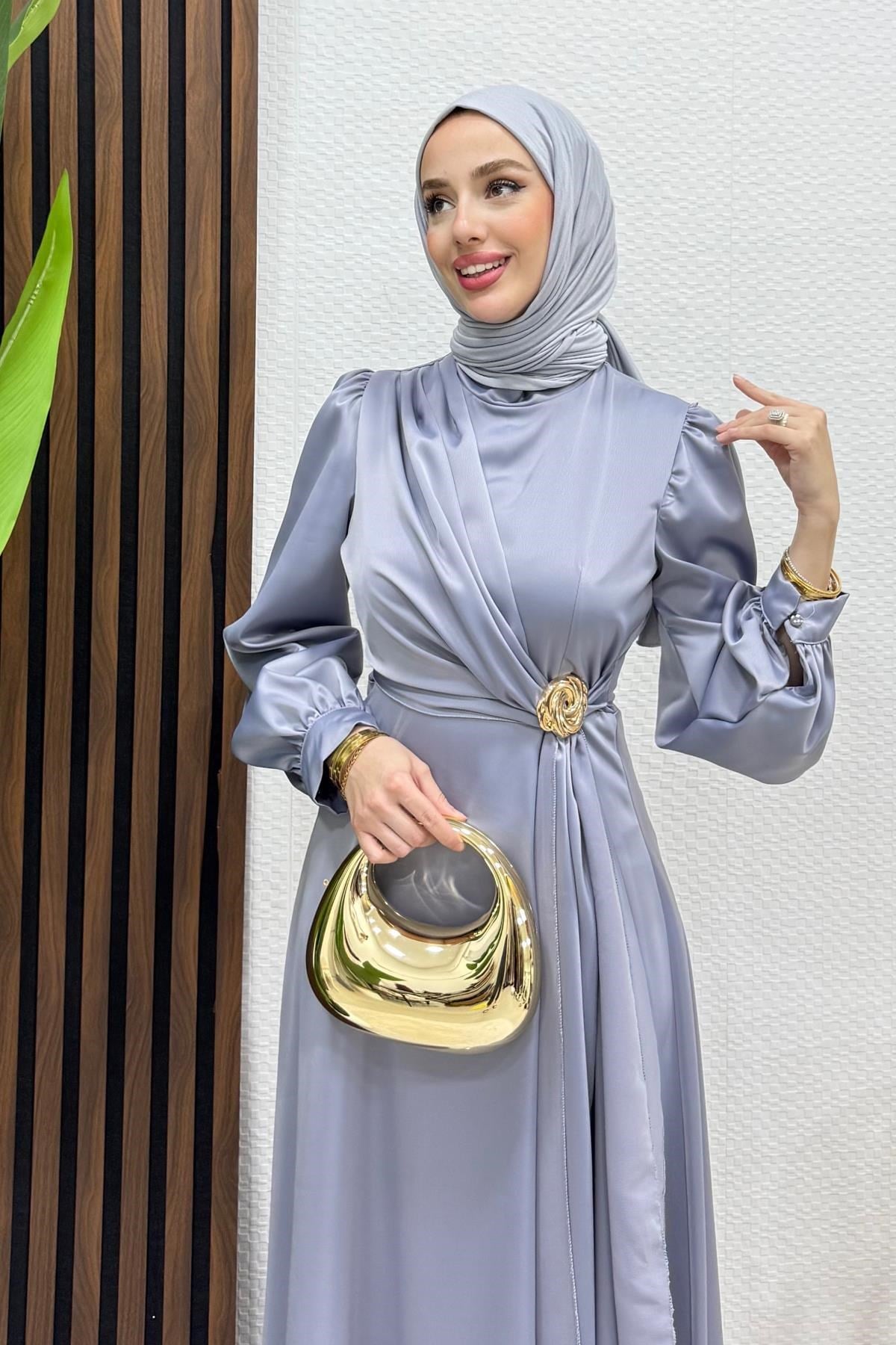 Gül Broş Saten Abiye Gri