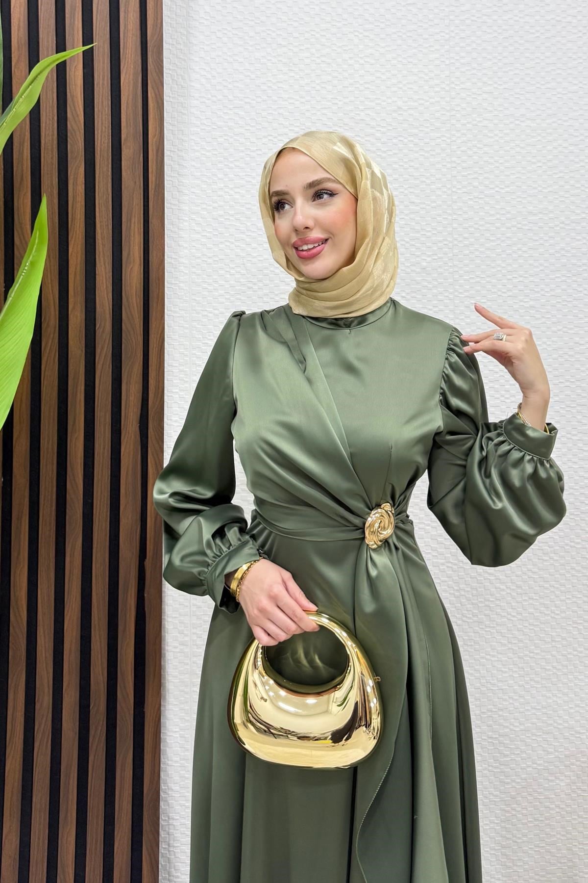 Gül Broş Saten Abiye Haki