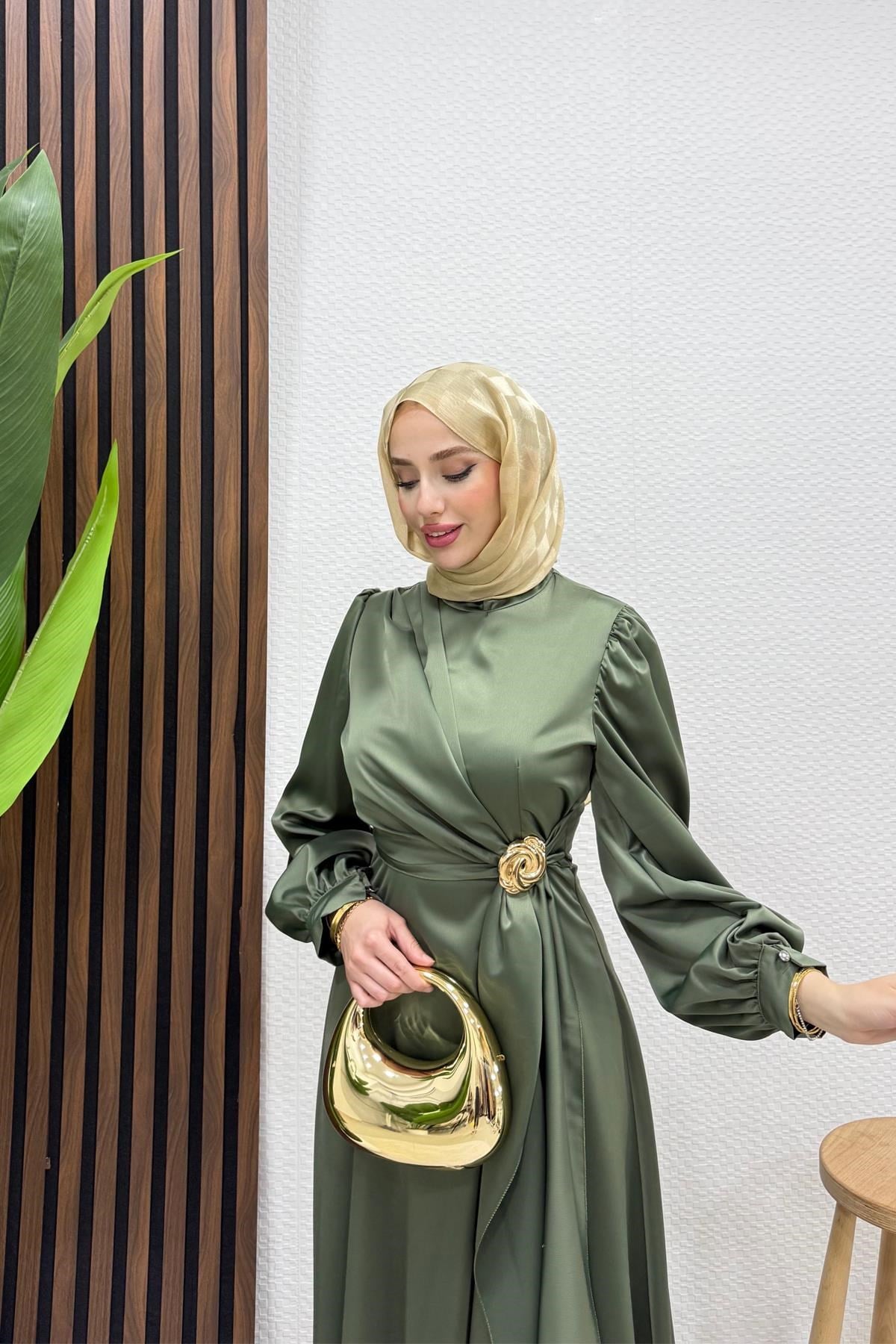 Gül Broş Saten Abiye Haki