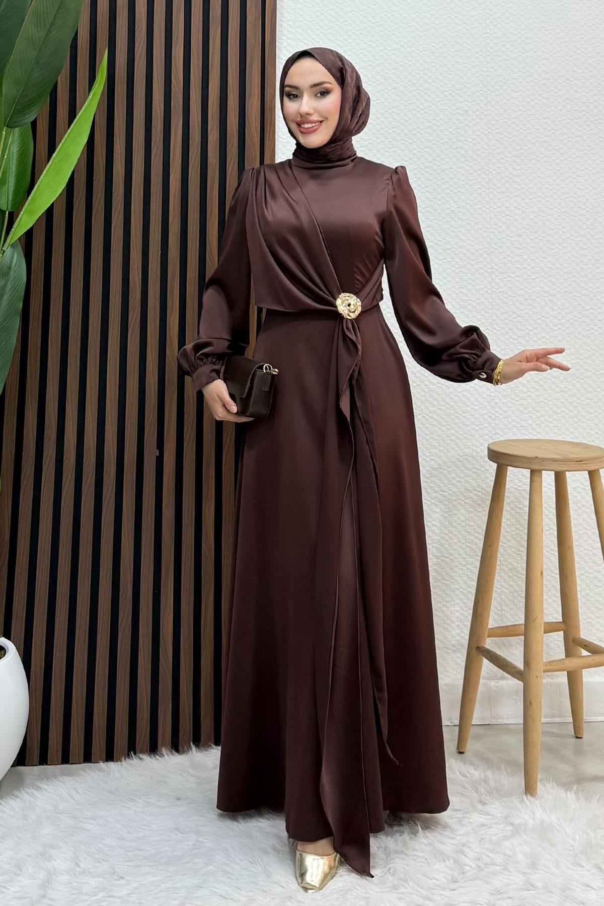 Gül Broş Saten Abiye Kahve