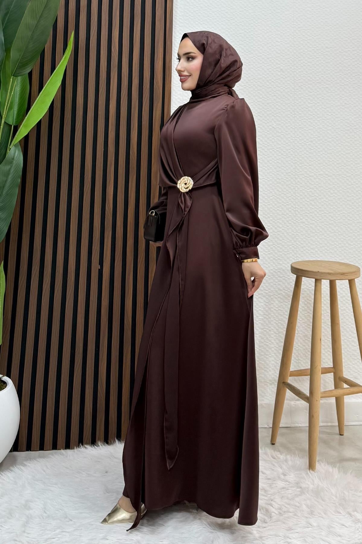 Gül Broş Saten Abiye Kahve