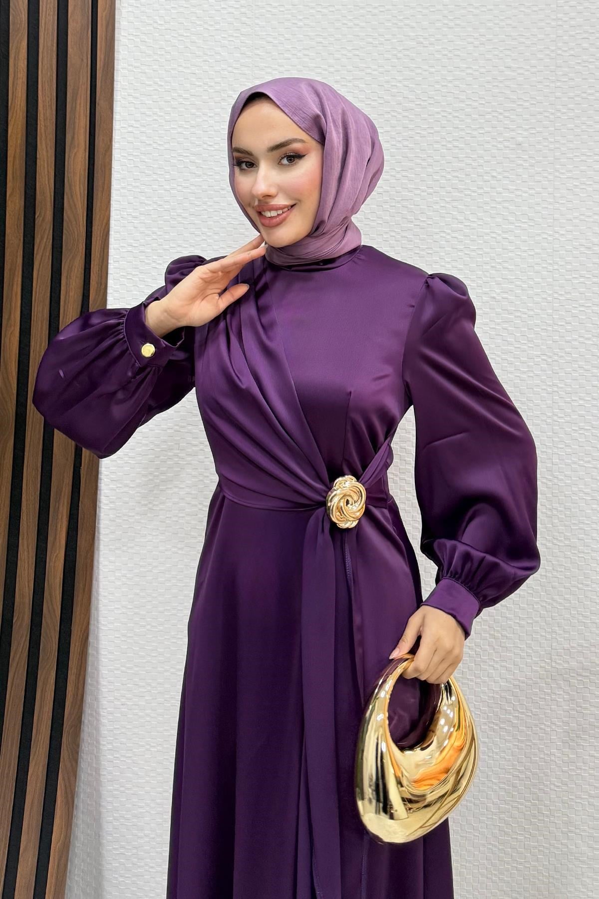 Gül Broş Saten Abiye Koyu Lila