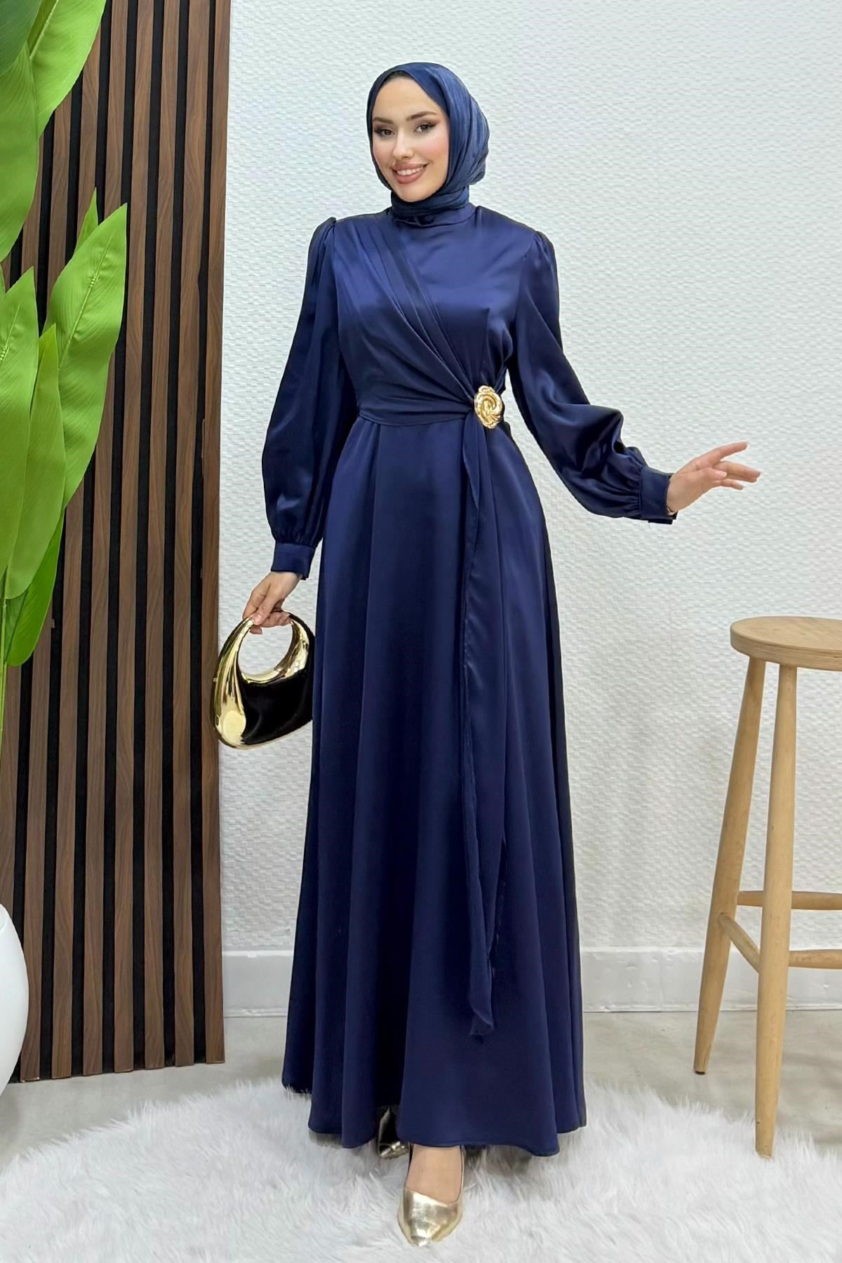 Gül Broş Saten Abiye Lacivert