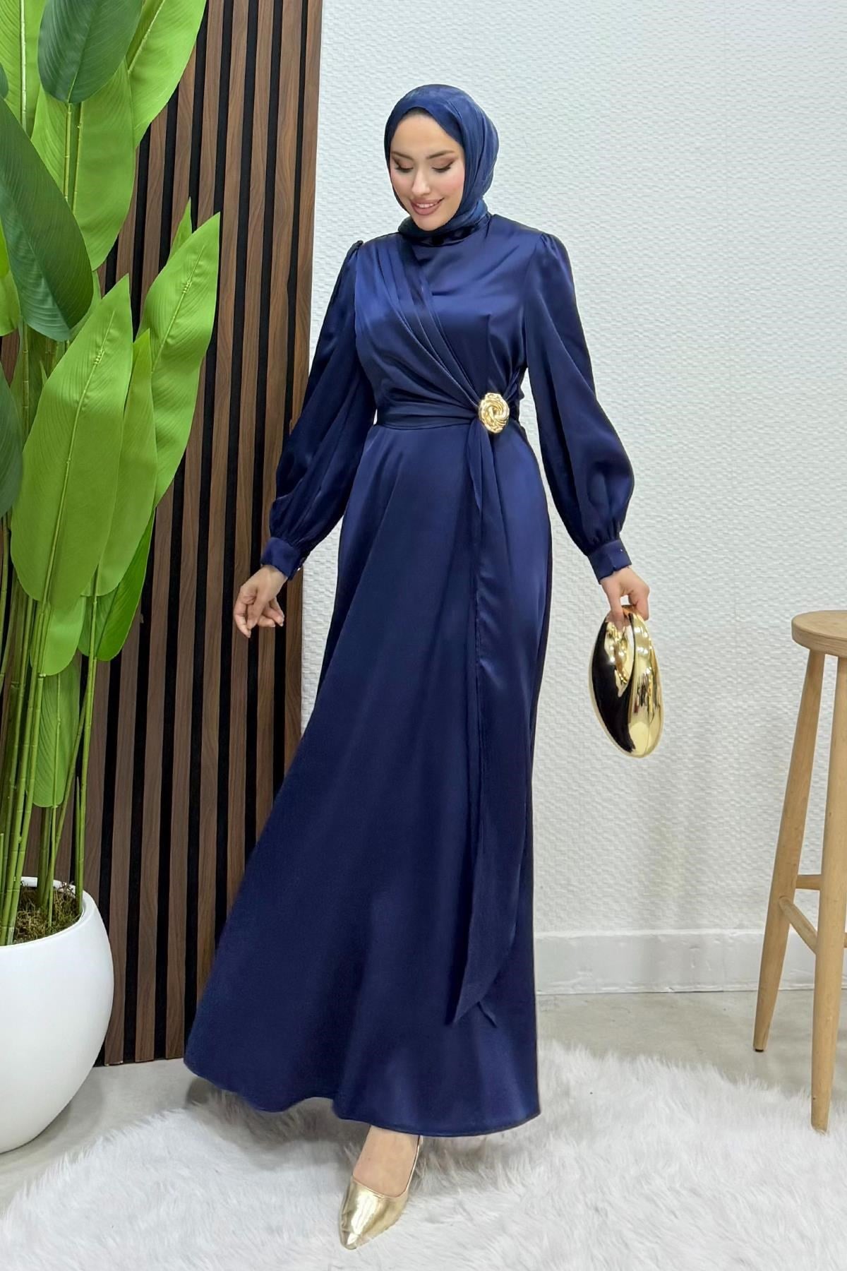 Gül Broş Saten Abiye Lacivert