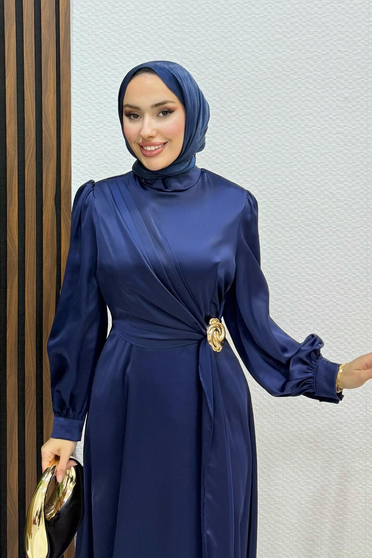 Gül Broş Saten Abiye Lacivert