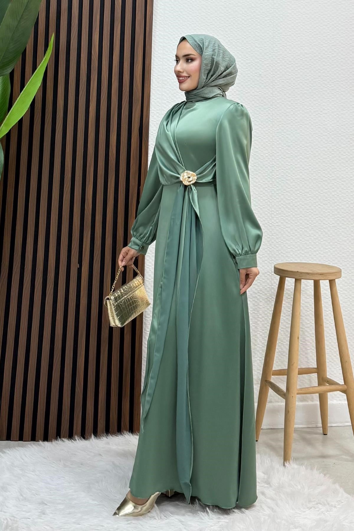 Gül Broş Saten Abiye Mint
