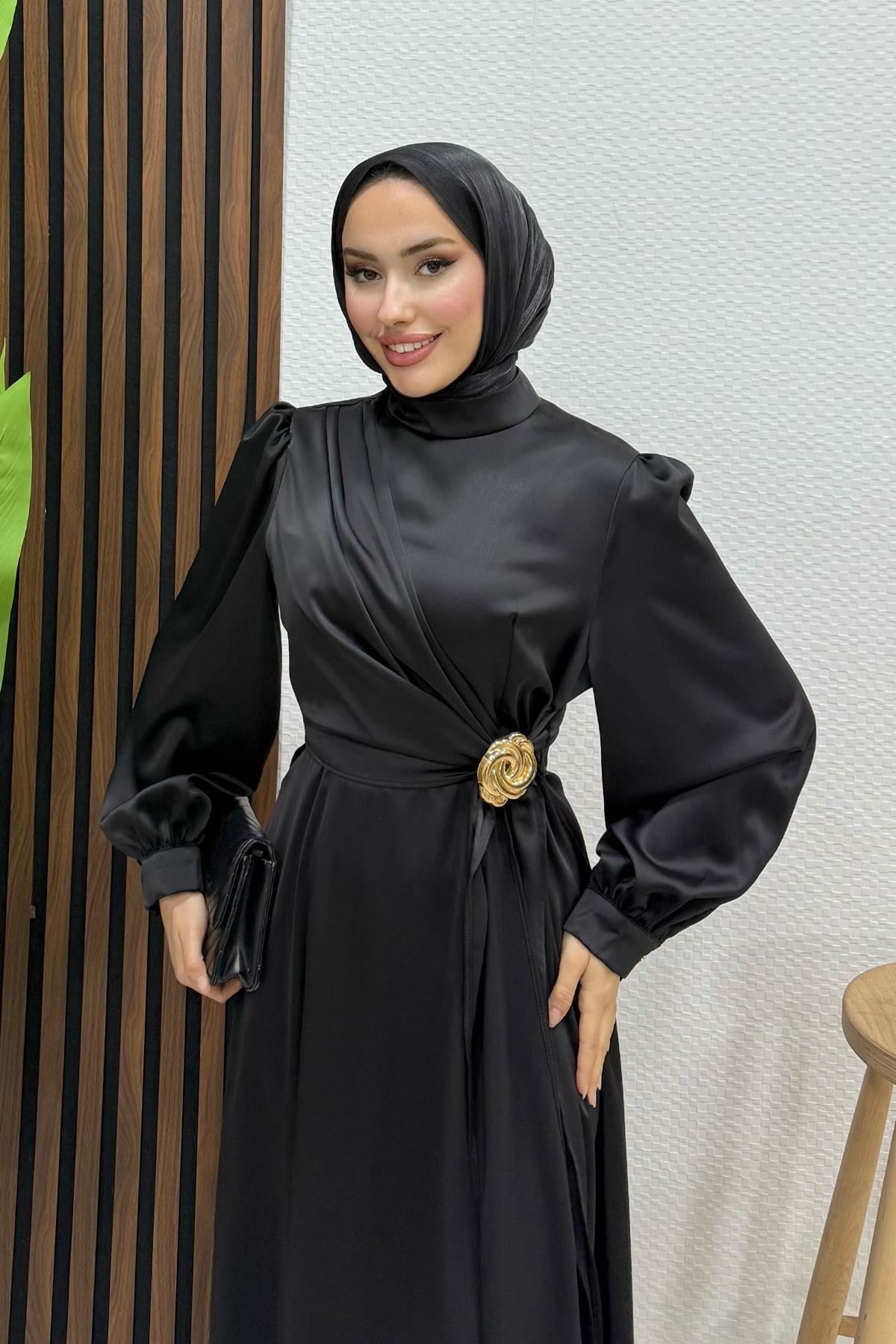 Gül Broş Saten Abiye Siyah