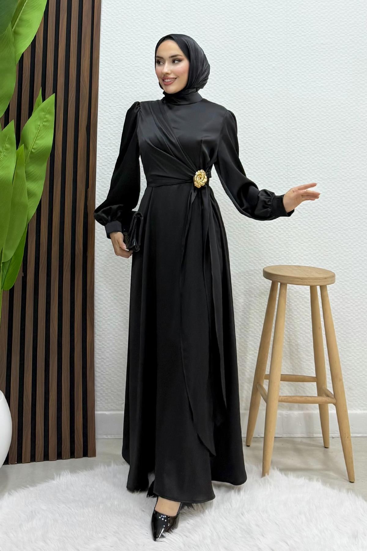Gül Broş Saten Abiye Siyah