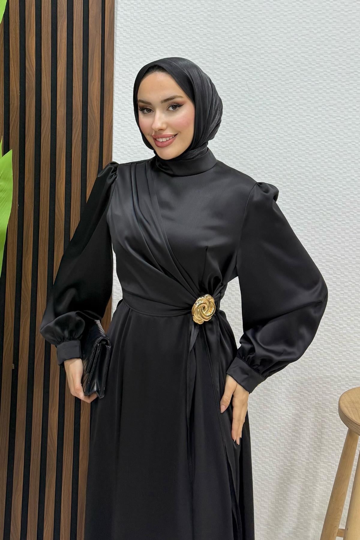 Gül Broş Saten Abiye Siyah