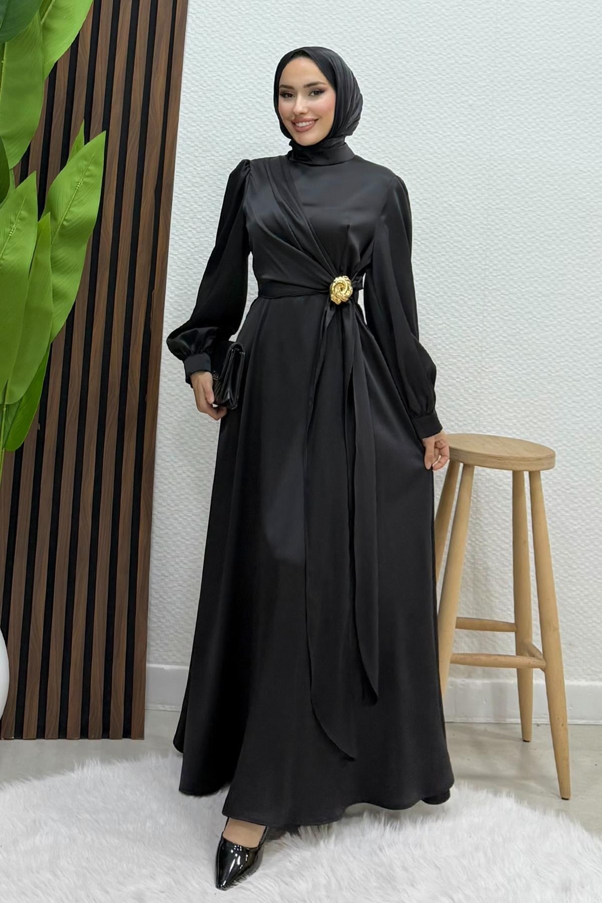 Gül Broş Saten Abiye Siyah