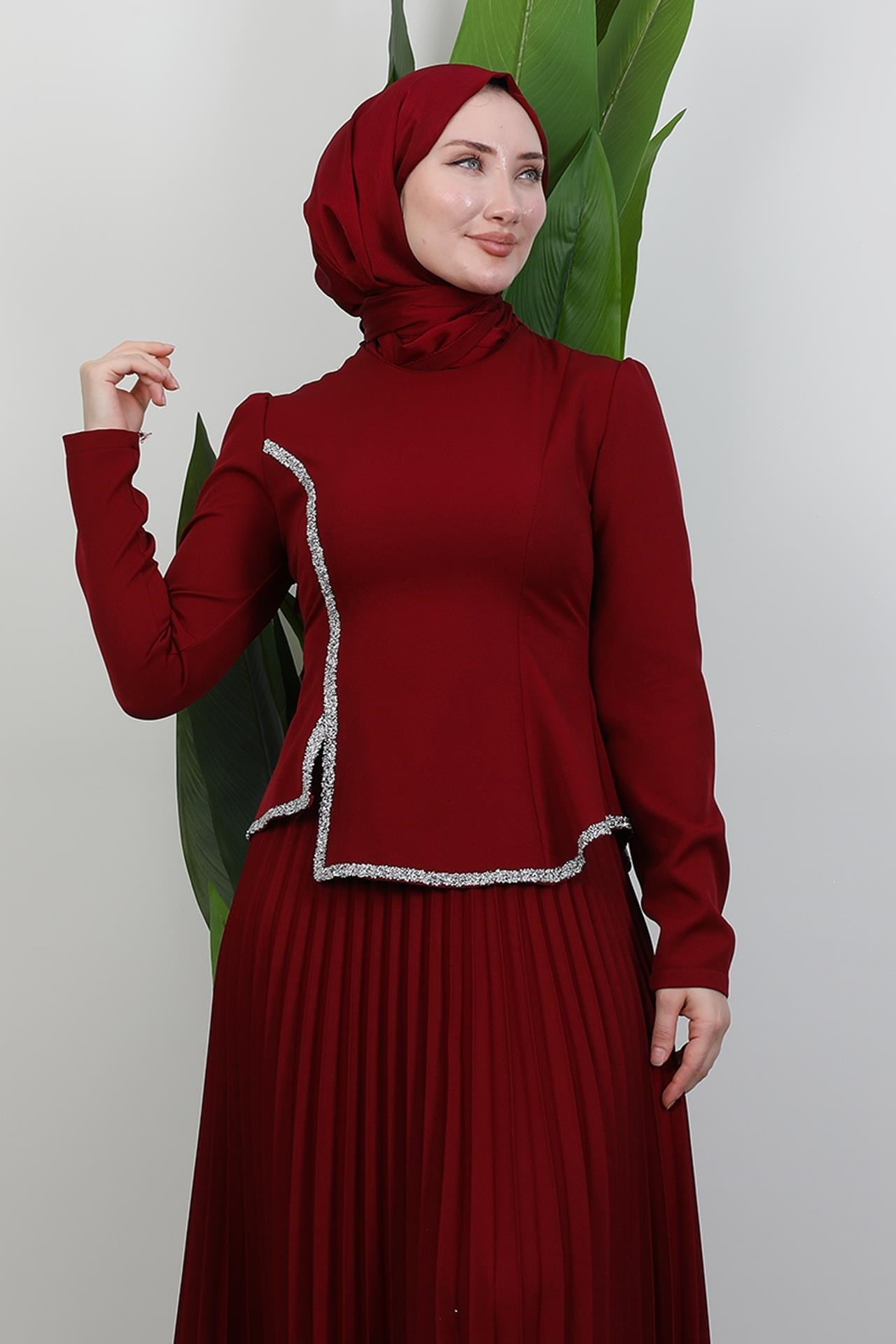 Gül Hanım Etekli Takım Bordo