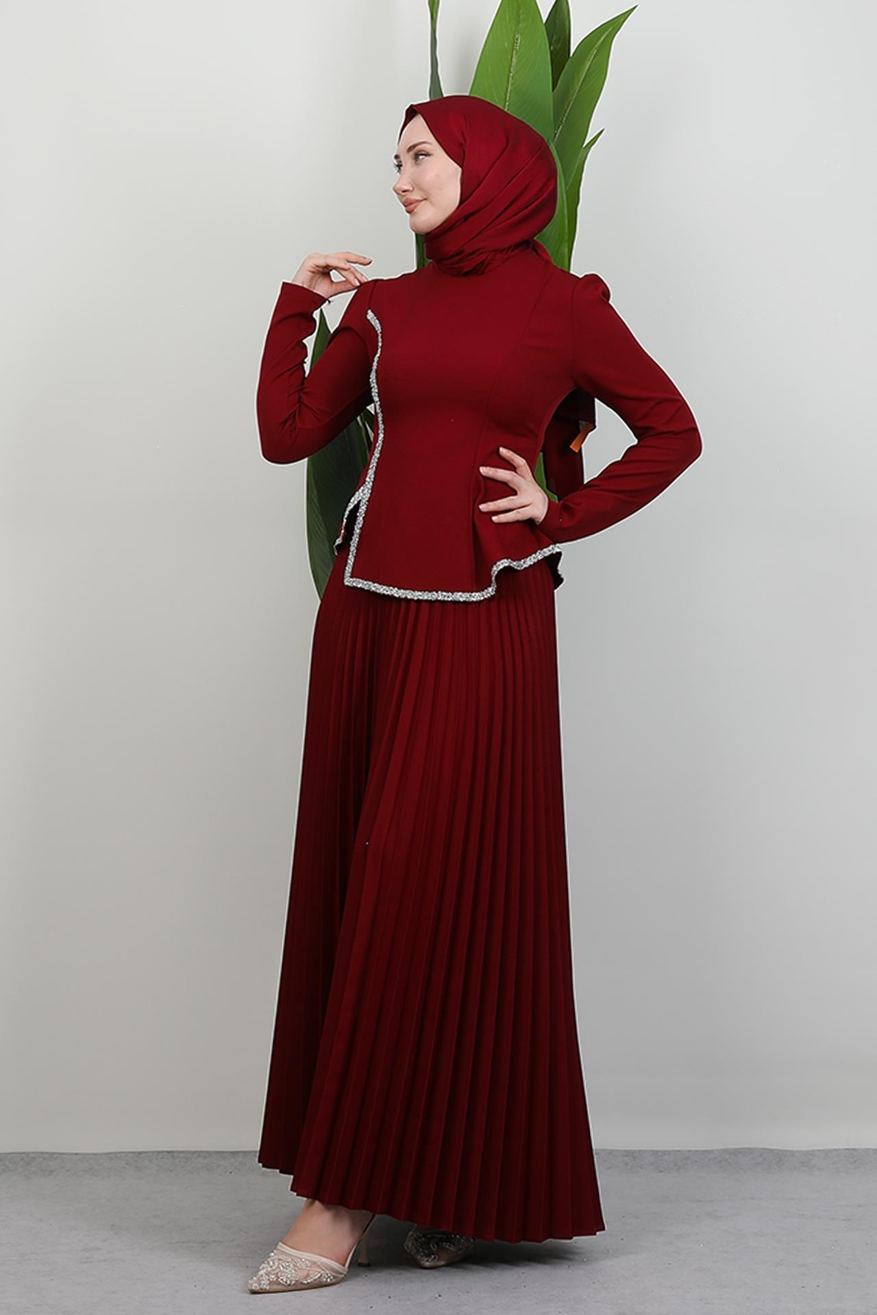 Gül Hanım Etekli Takım Bordo