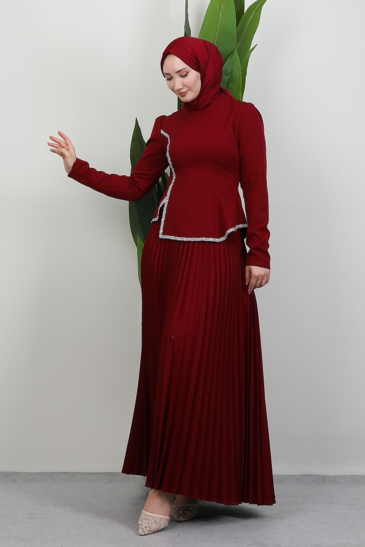 Gül Hanım Etekli Takım Bordo