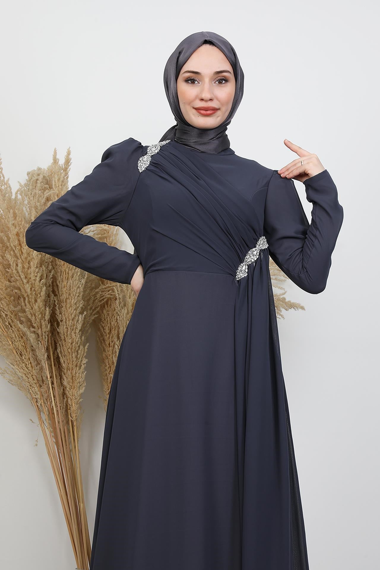 Gülnihal Şifon Abiye Koyu Gri